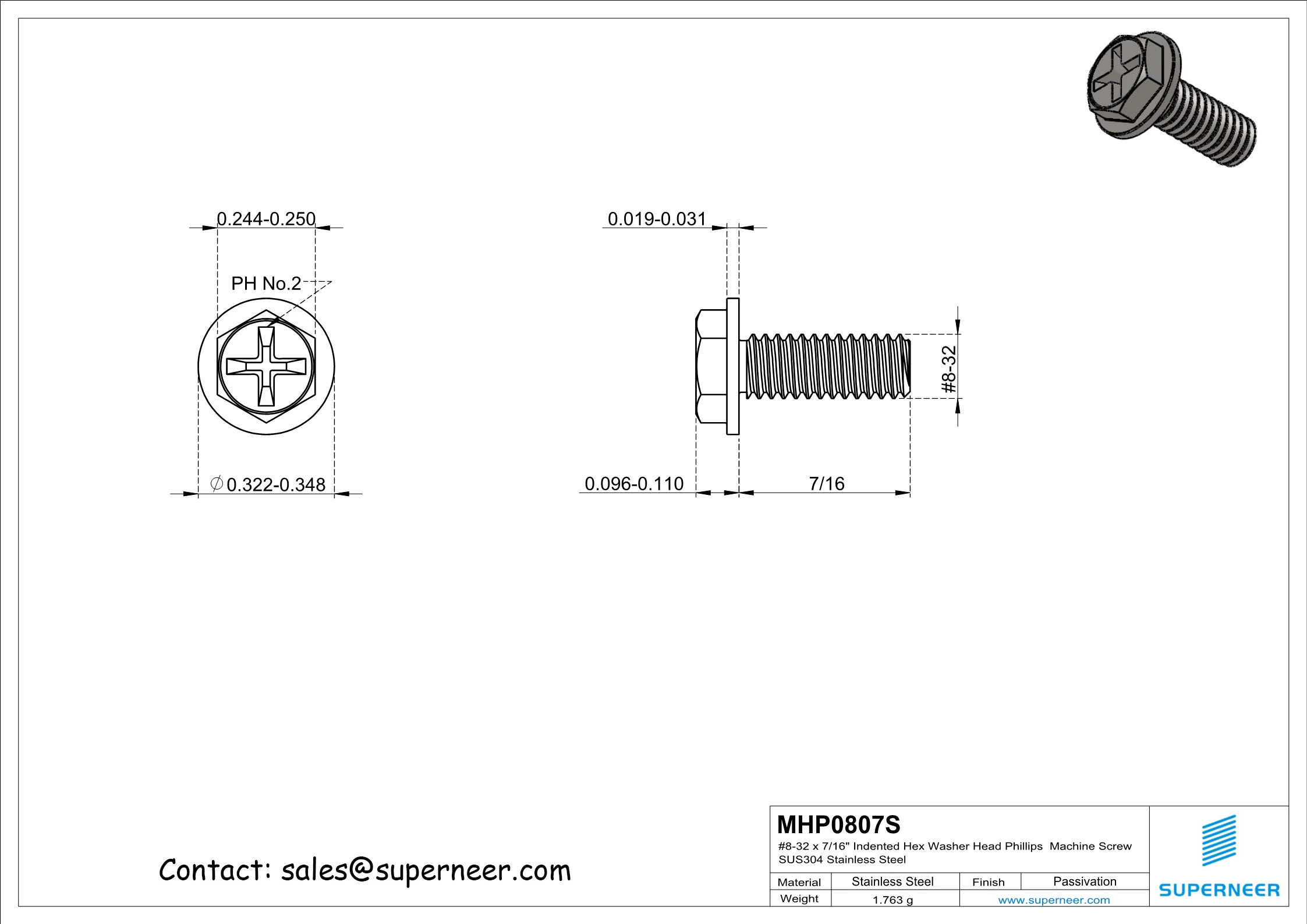 8-32 x 7/16“ Indented Hex Washer Head Phillips Machine Screw SUS304 Stainless Steel Inox