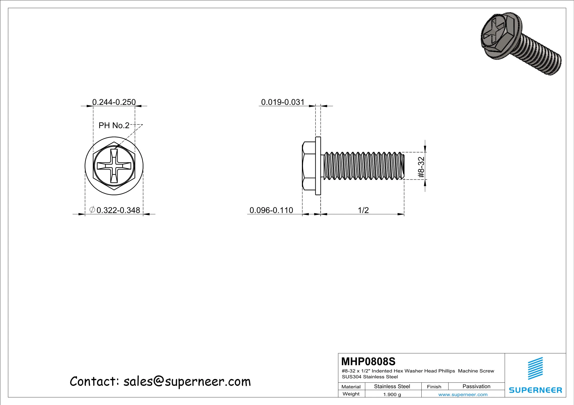 8-32 x 1/2" Indented Hex Washer Head Phillips Machine Screw SUS304 Stainless Steel Inox