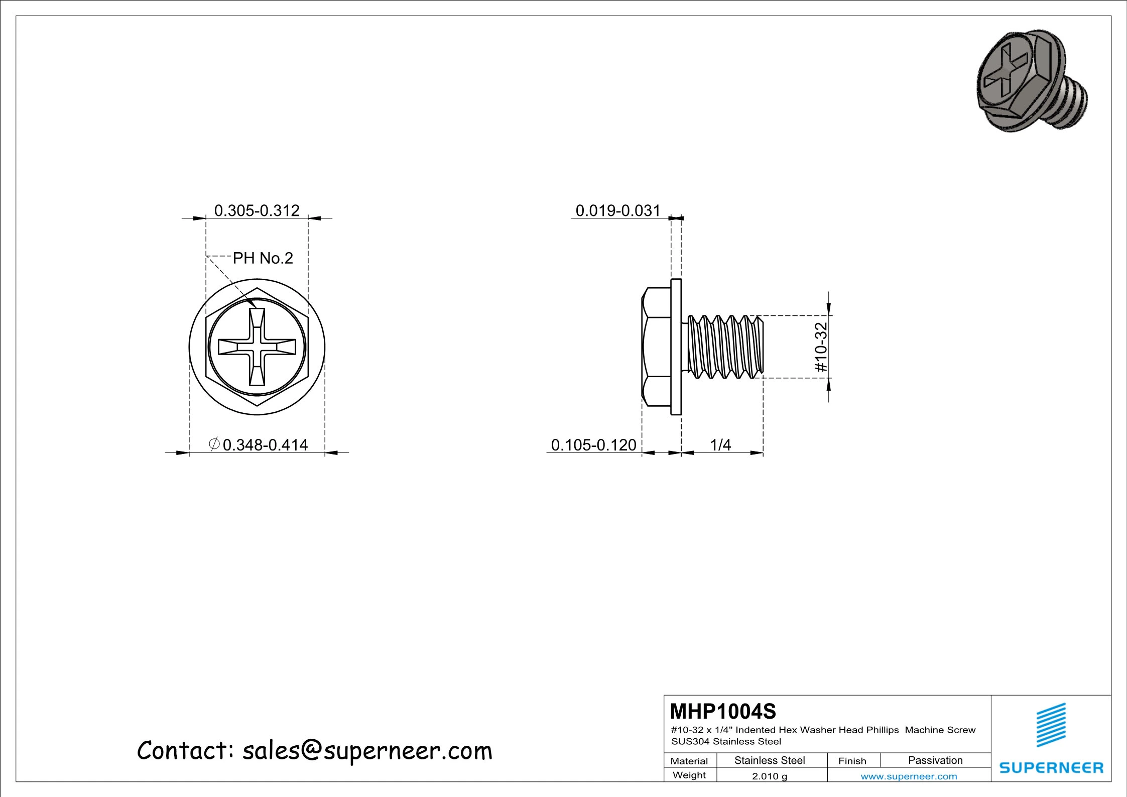 10-32 x 1/4" Indented Hex Washer Head Phillips Machine Screw SUS304 Stainless Steel Inox