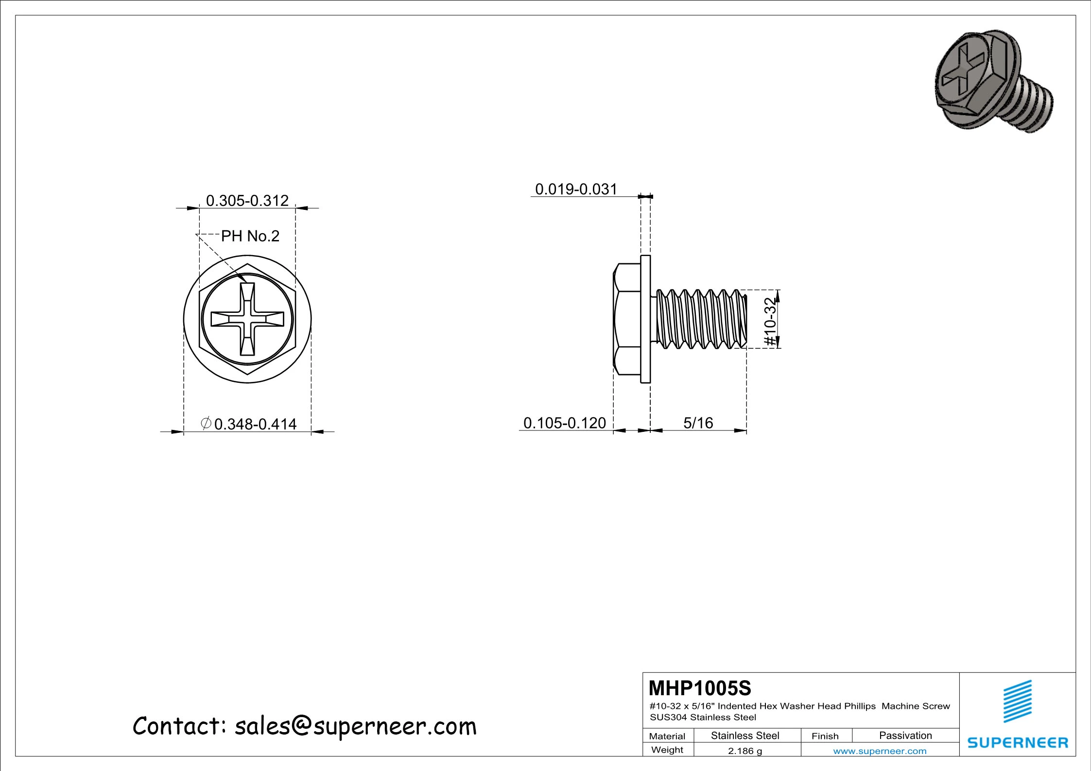 10-32 x 5/16" Indented Hex Washer Head Phillips Machine Screw SUS304 Stainless Steel Inox