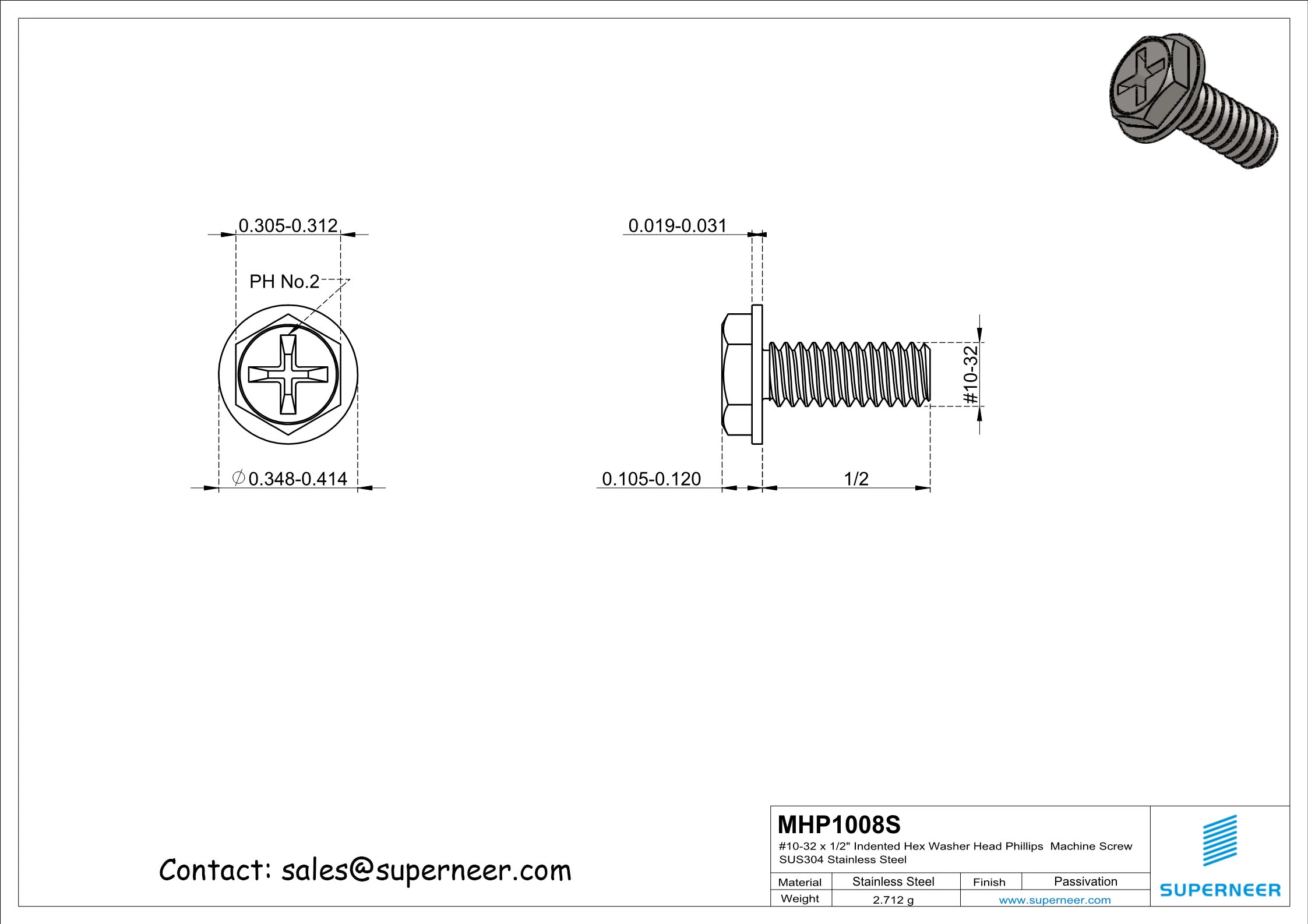 10-32 x 1/2" Indented Hex Washer Head Phillips Machine Screw SUS304 Stainless Steel Inox