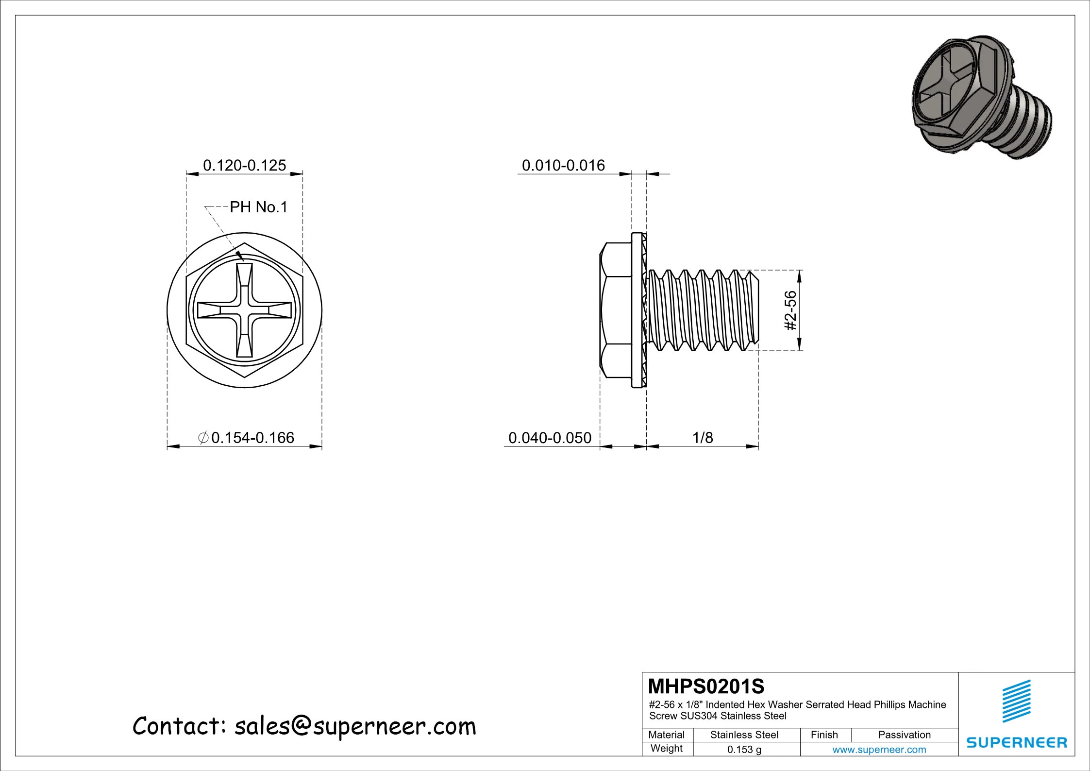 2-56 x 1/8" Indented Hex Washer Serrated Head Phillips Machine Screw SUS304 Stainless Steel Inox