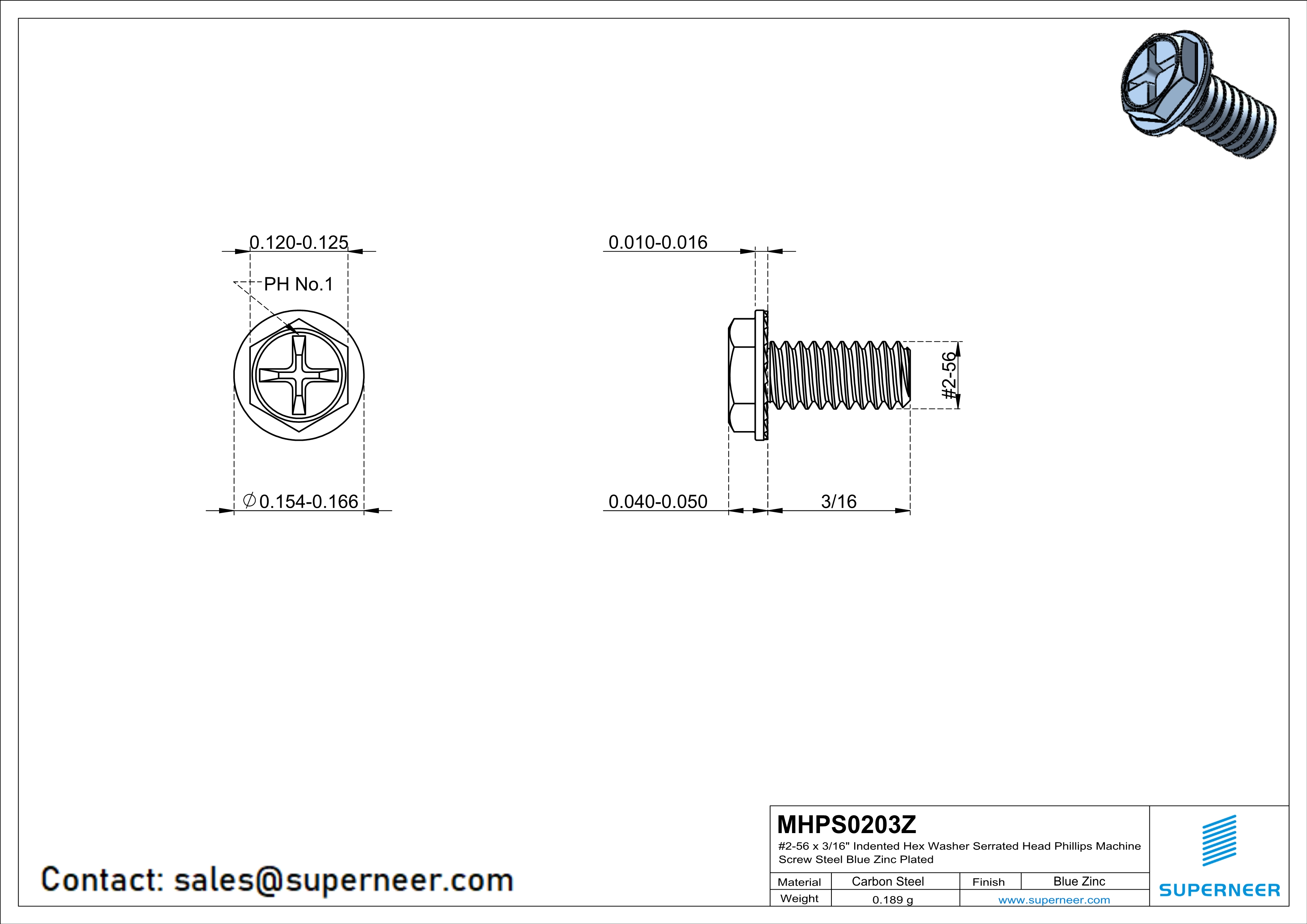 2-56 x 3/16" Indented Hex Washer Serrated Head Phillips Machine Screw Steel Blue Zinc Plated