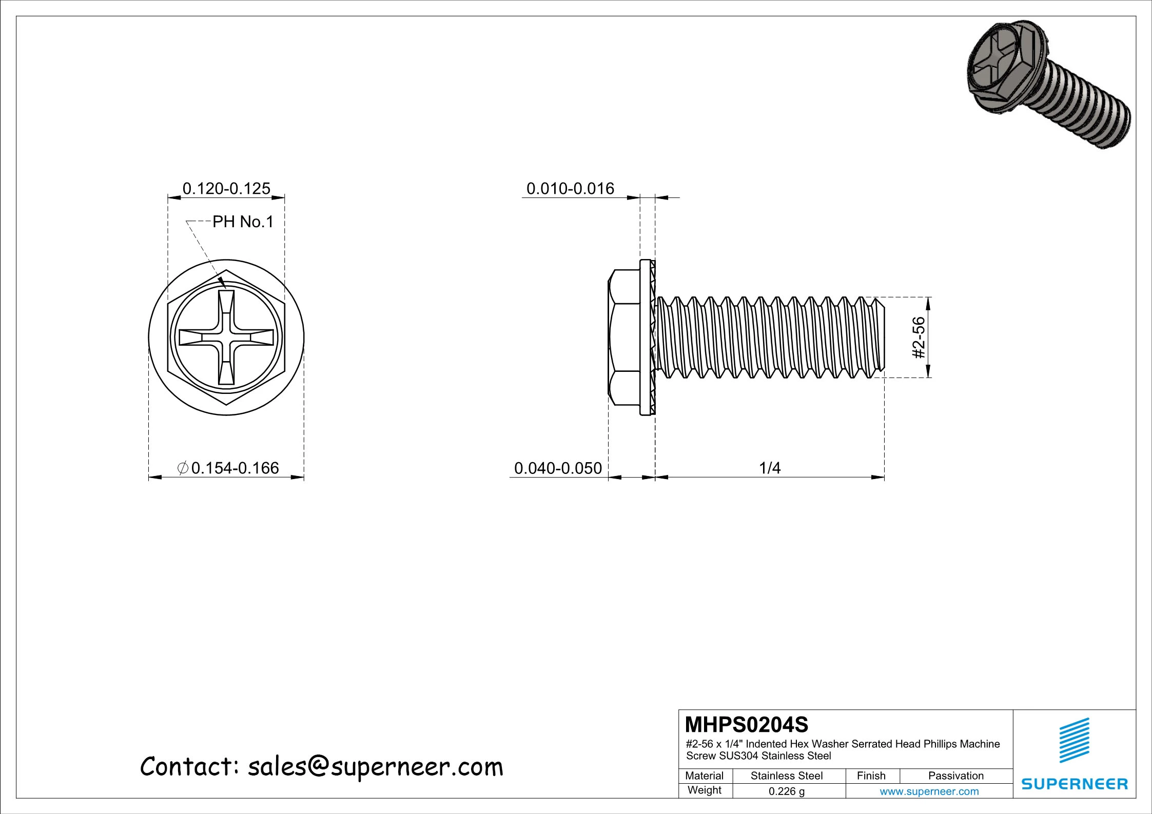 2-56 x 1/4" Indented Hex Washer Serrated Head Phillips Machine Screw SUS304 Stainless Steel Inox