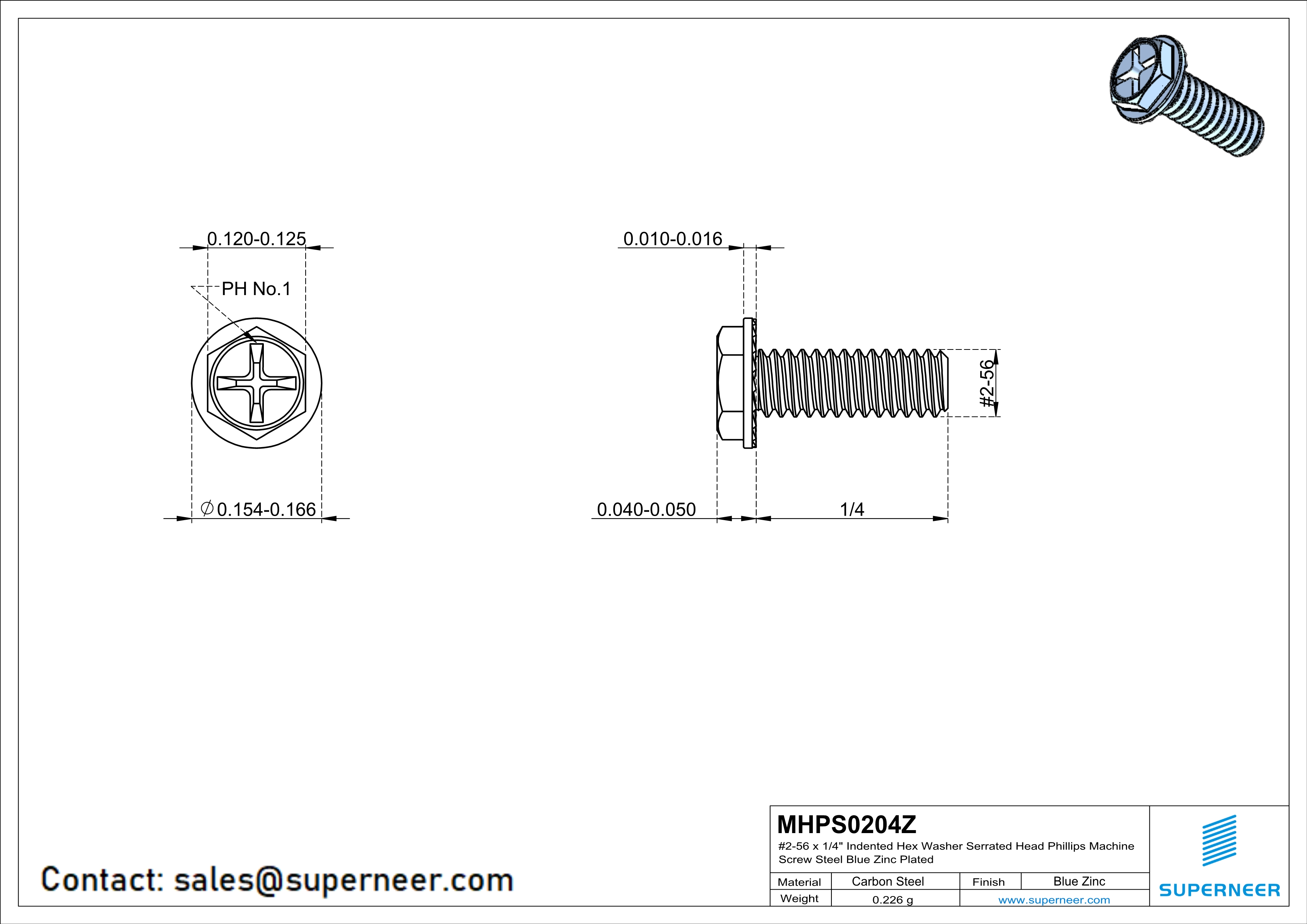 2-56 x 1/4" Indented Hex Washer Serrated Head Phillips Machine Screw Steel Blue Zinc Plated