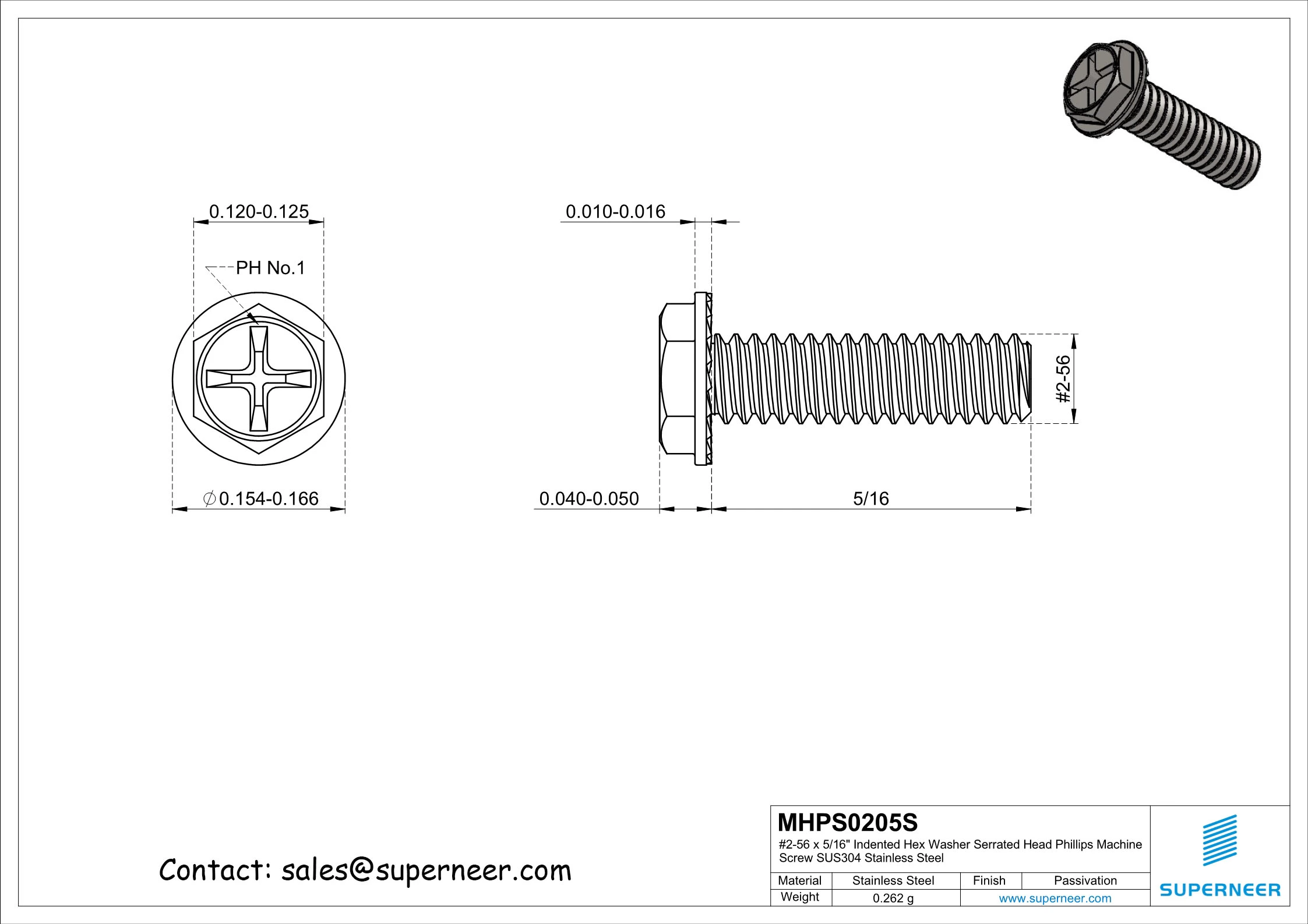 2-56 x 5/16" Indented Hex Washer Serrated Head Phillips Machine Screw SUS304 Stainless Steel Inox