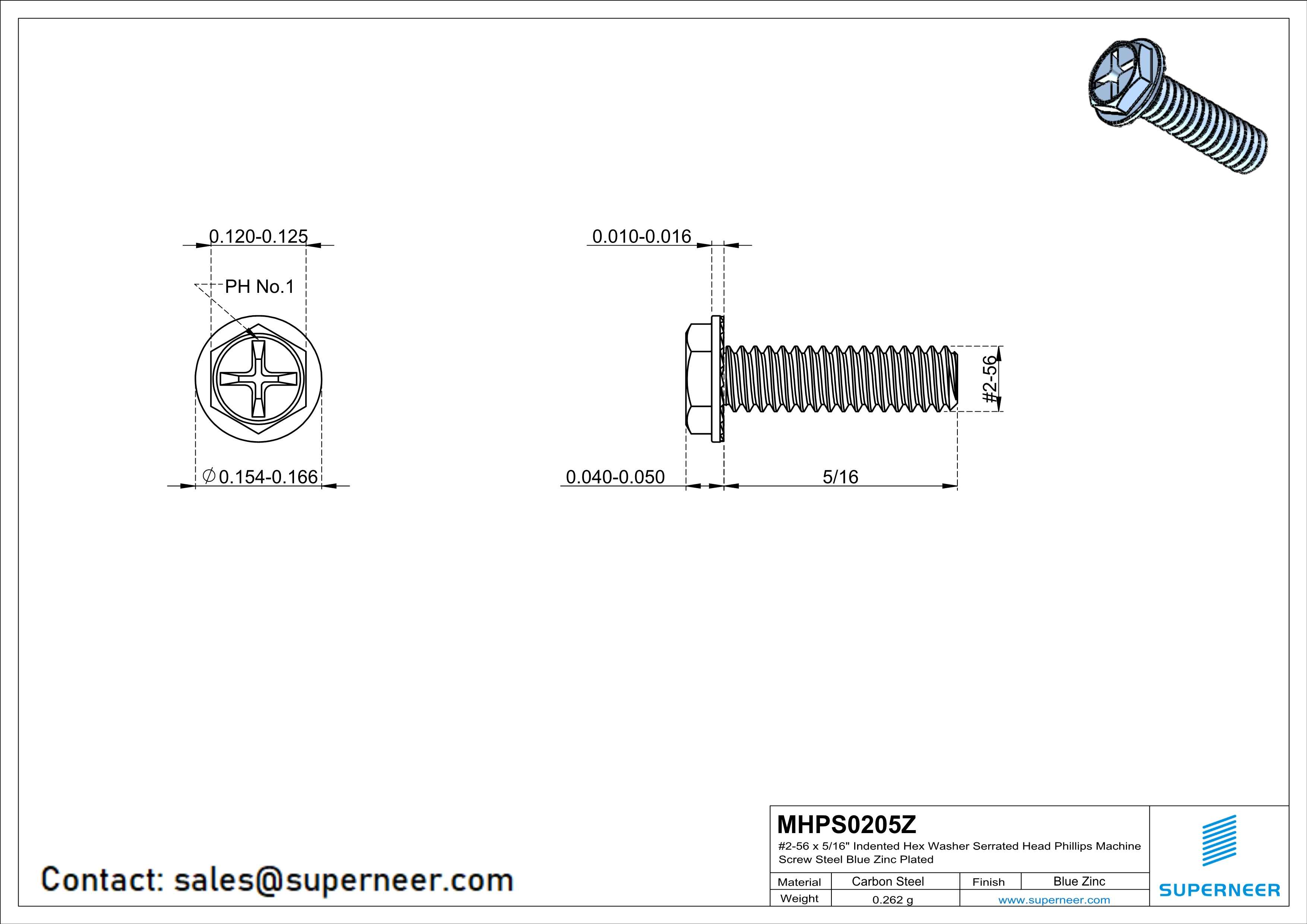 2-56 x 5/16" Indented Hex Washer Serrated Head Phillips Machine Screw Steel Blue Zinc Plated