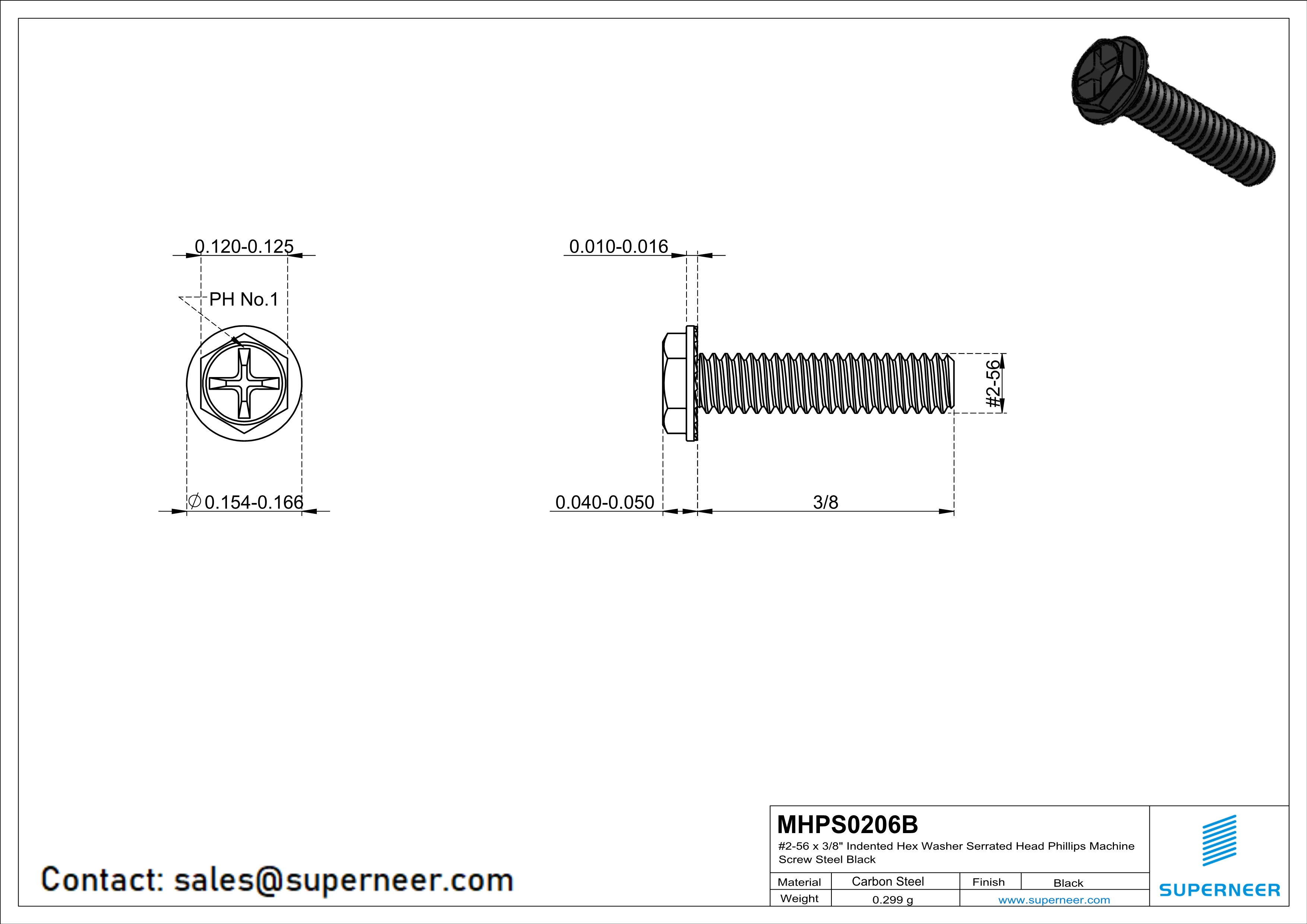 2-56 x 3/8" Indented Hex Washer Serrated Head Phillips Machine Screw Steel Black