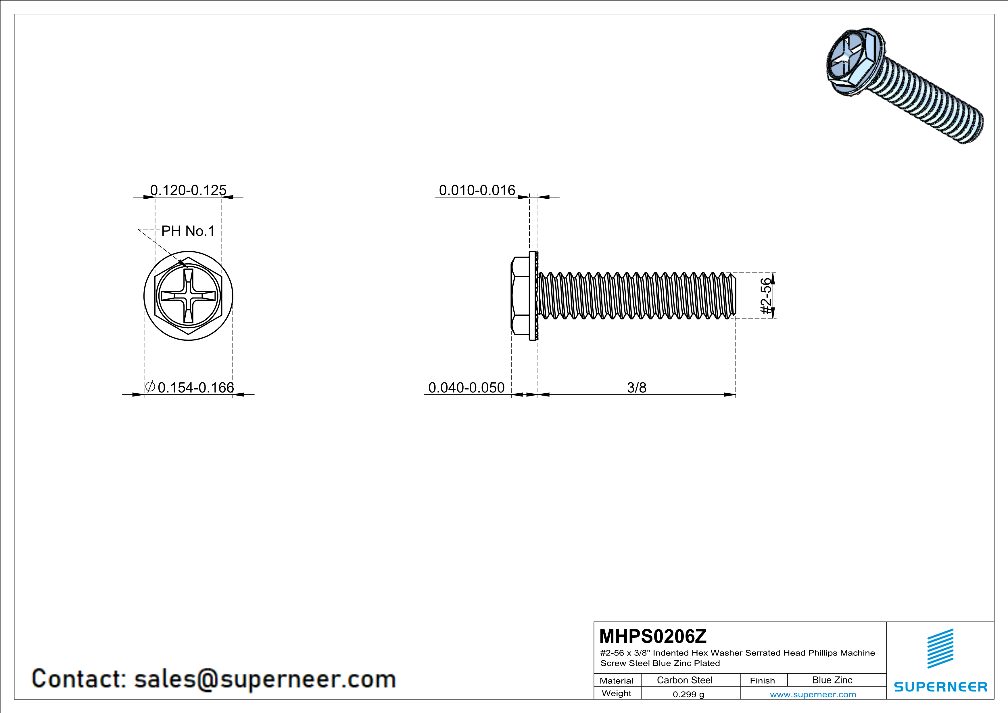 2-56 x 3/8" Indented Hex Washer Serrated Head Phillips Machine Screw Steel Blue Zinc Plated