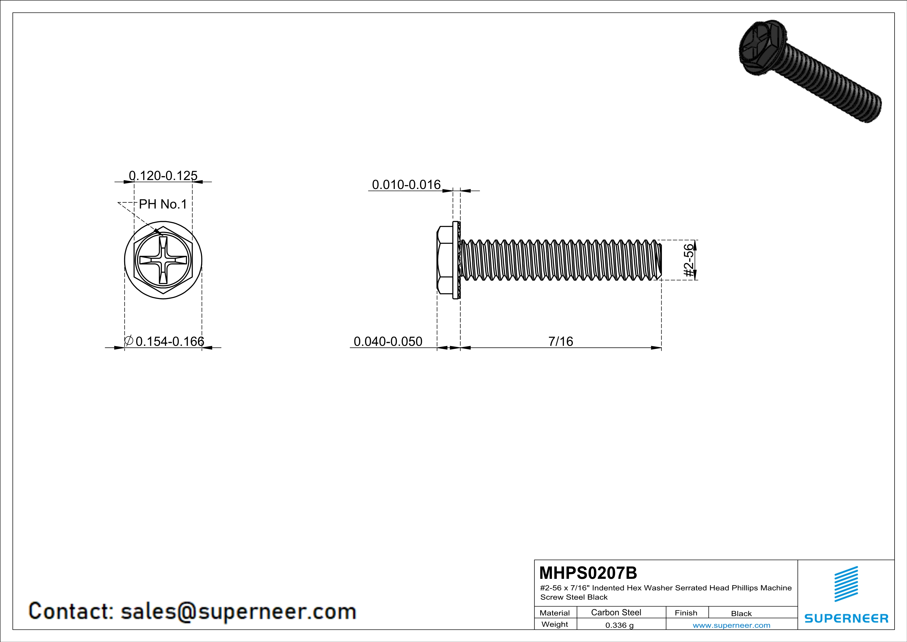 2-56 x 7/16“ Indented Hex Washer Serrated Head Phillips Machine Screw Steel Black