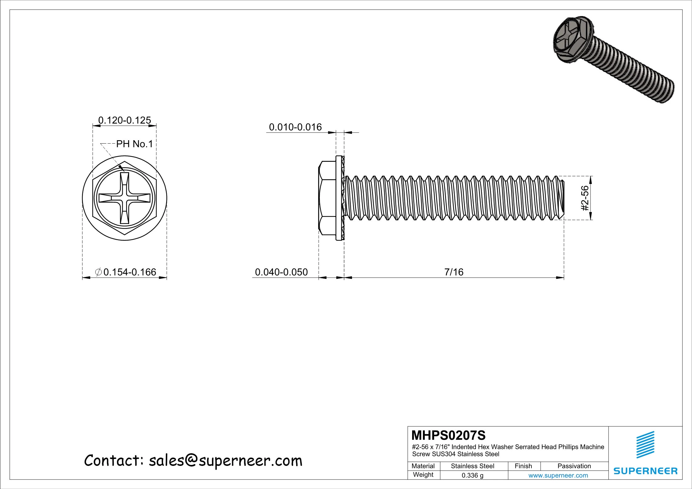 2-56 x 7/16“ Indented Hex Washer Serrated Head Phillips Machine Screw SUS304 Stainless Steel Inox