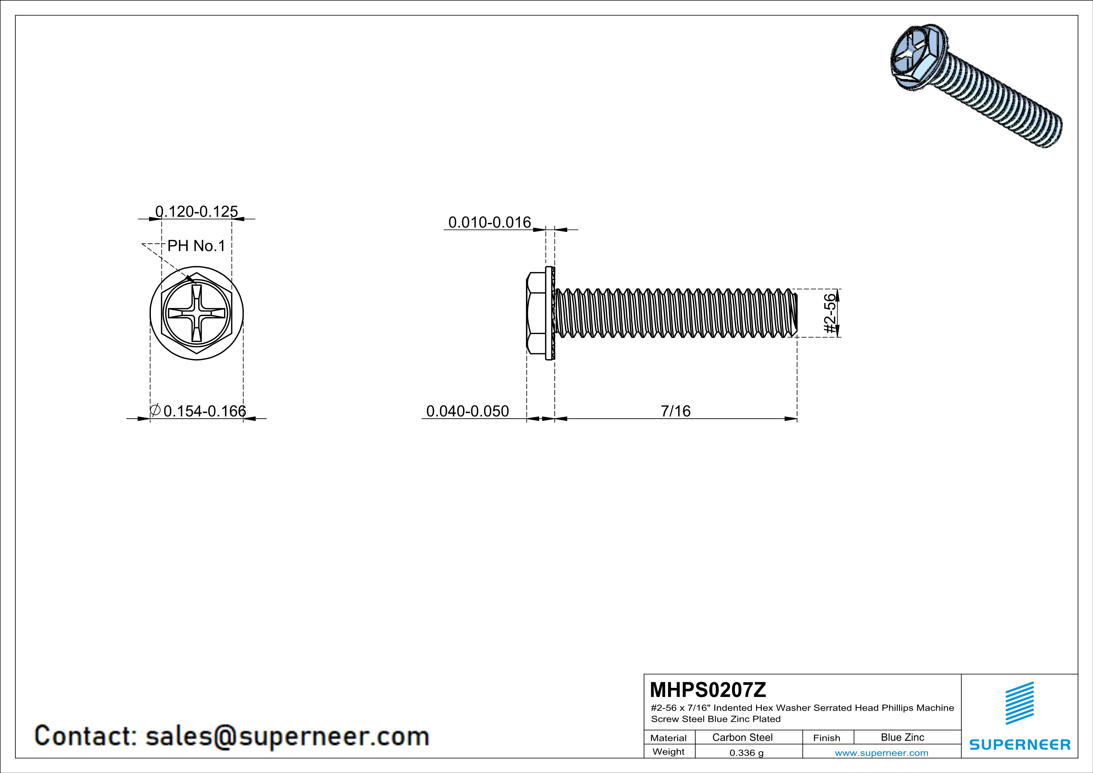 2-56 x 7/16“ Indented Hex Washer Serrated Head Phillips Machine Screw Steel Blue Zinc Plated