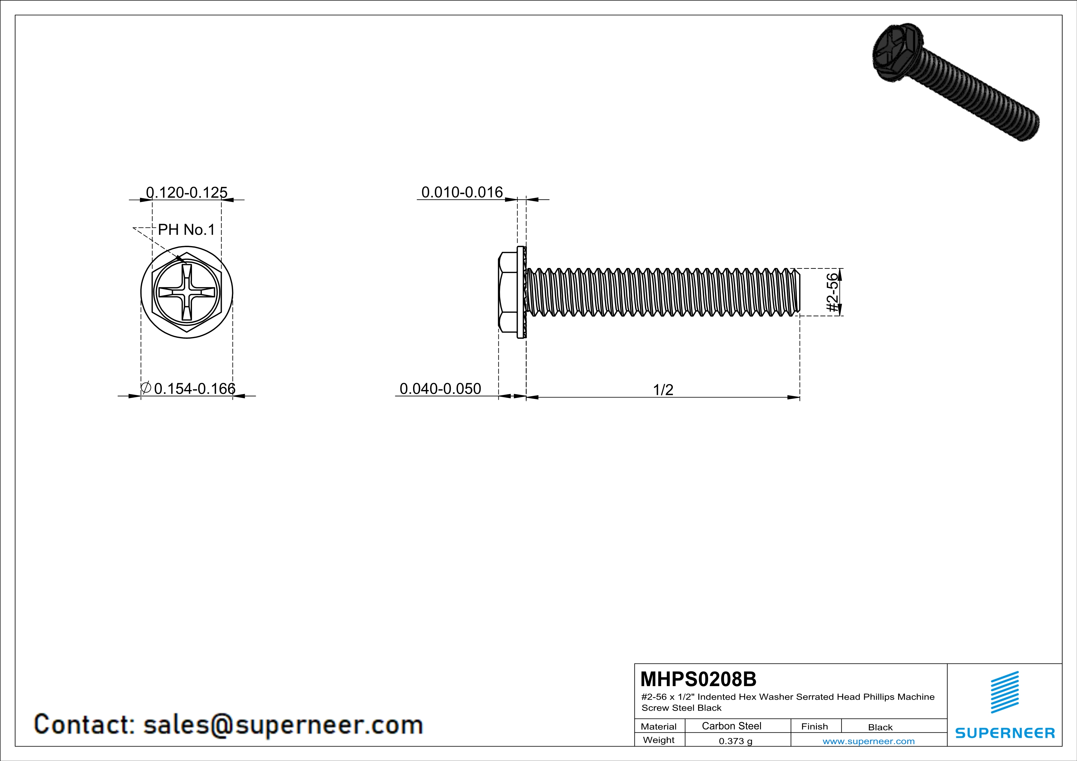 2-56 x 1/2" Indented Hex Washer Serrated Head Phillips Machine Screw Steel Black