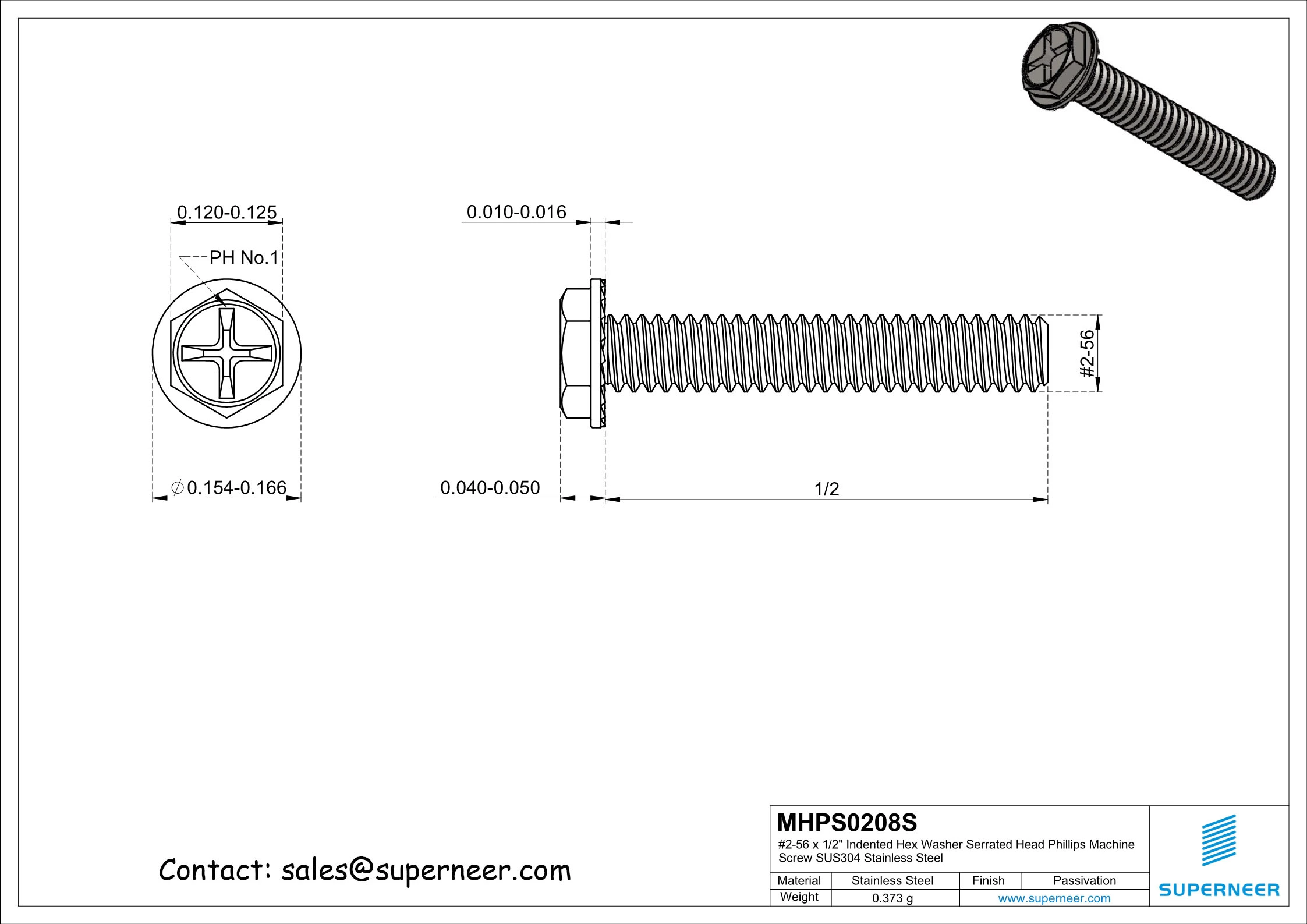 2-56 x 1/2" Indented Hex Washer Serrated Head Phillips Machine Screw SUS304 Stainless Steel Inox