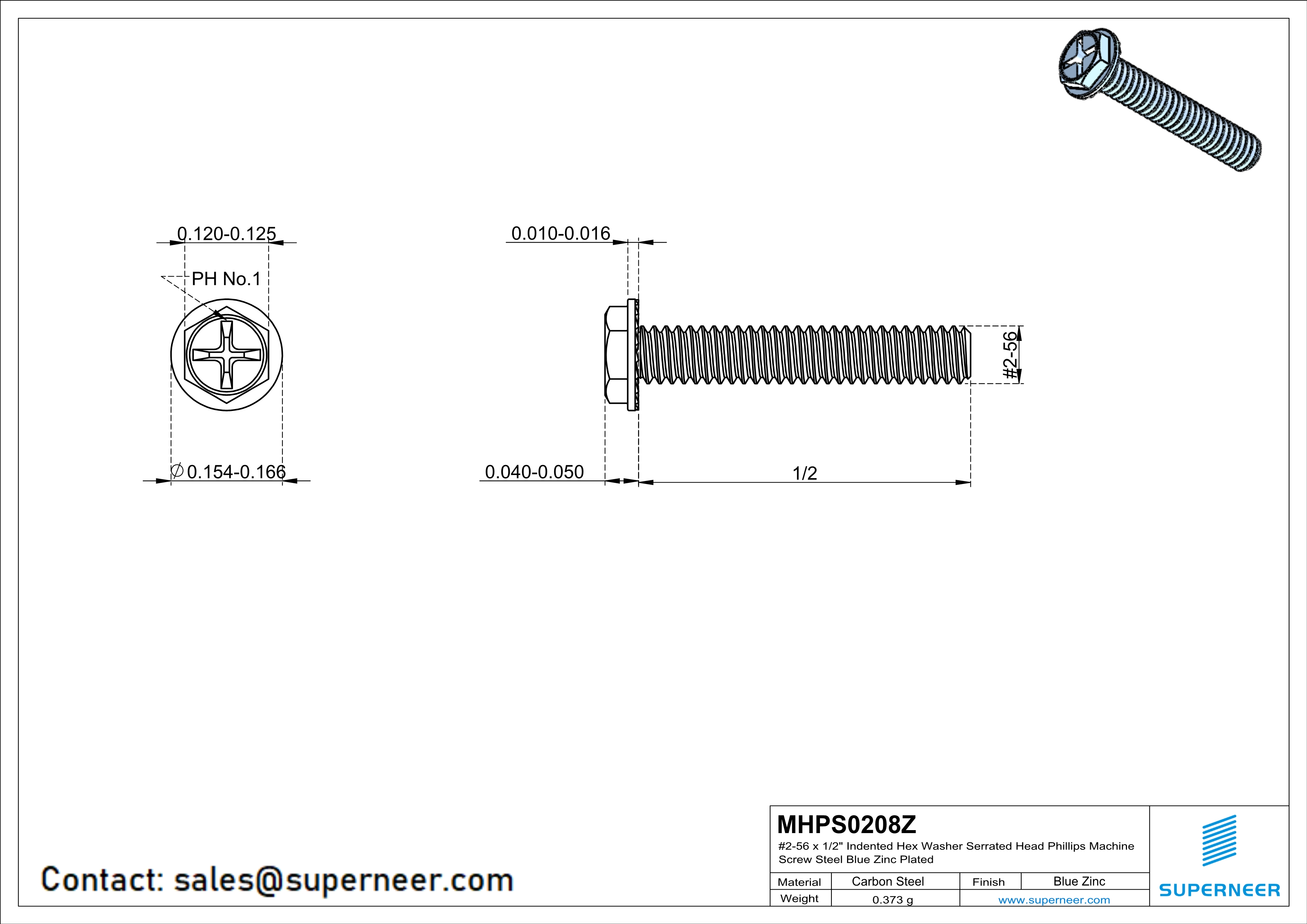 2-56 x 1/2" Indented Hex Washer Serrated Head Phillips Machine Screw Steel Blue Zinc Plated