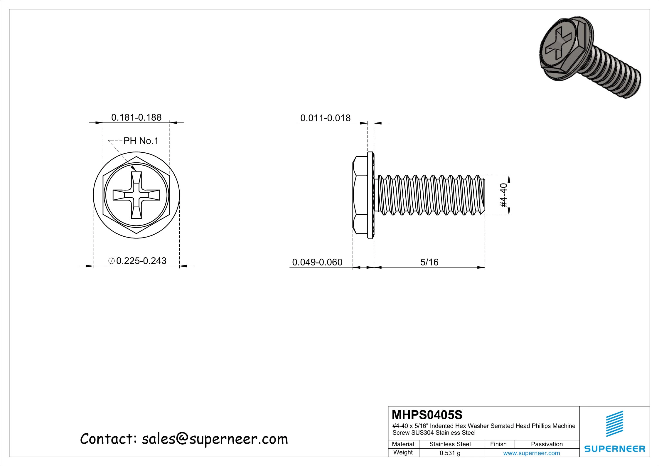 4-40 x 5/16" Indented Hex Washer Serrated Head Phillips Machine Screw SUS304 Stainless Steel Inox