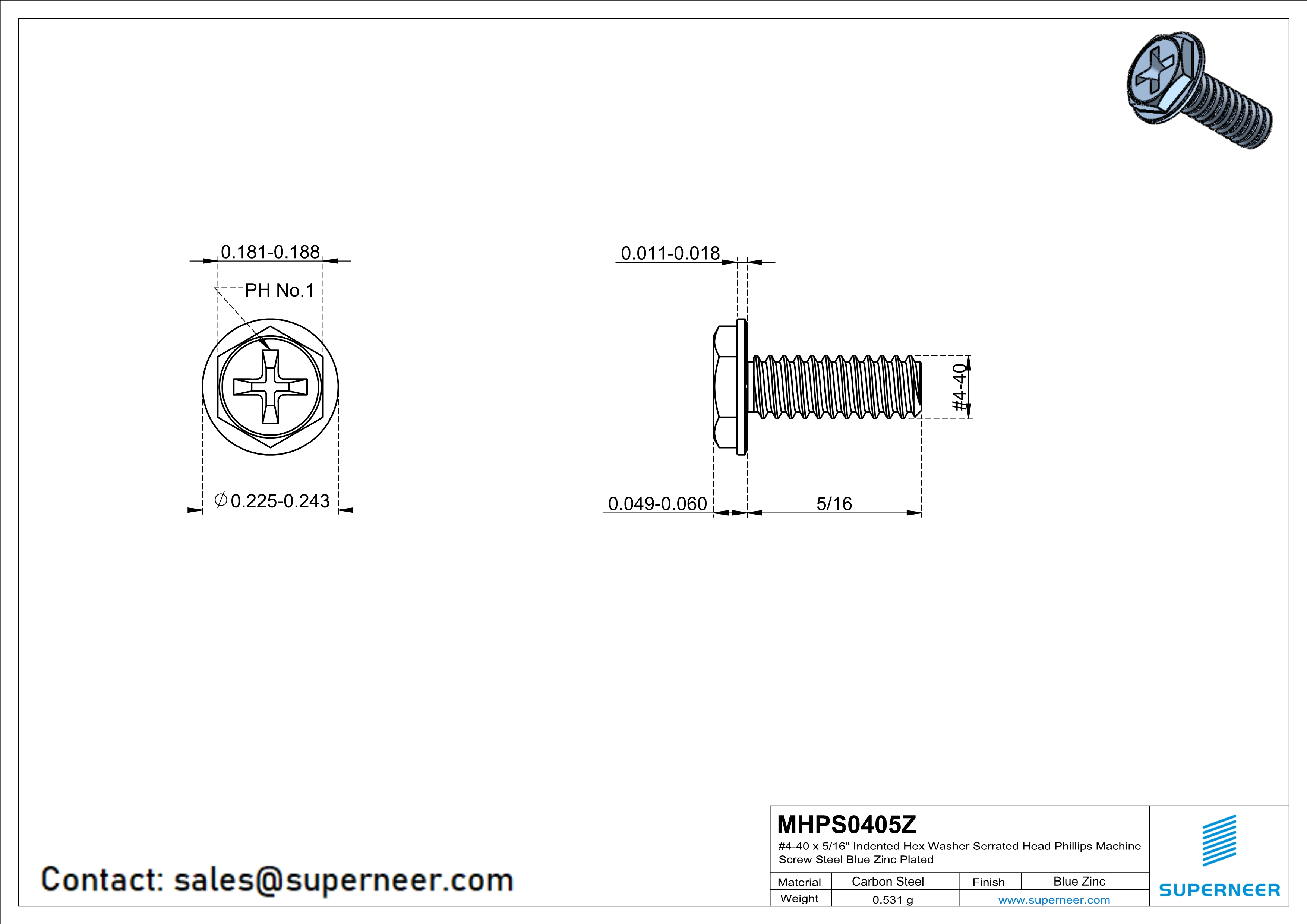 4-40 x 5/16" Indented Hex Washer Serrated Head Phillips Machine Screw Steel Blue Zinc Plated