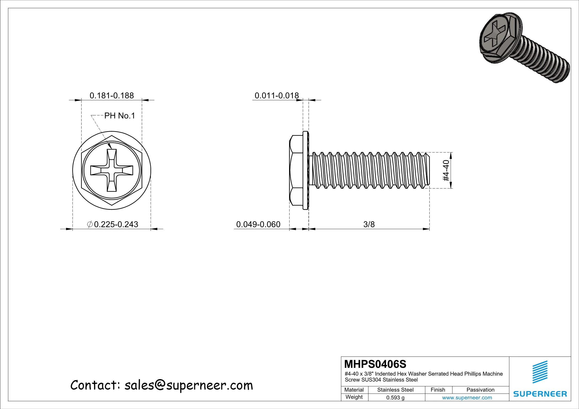 4-40 x 3/8" Indented Hex Washer Serrated Head Phillips Machine Screw SUS304 Stainless Steel Inox