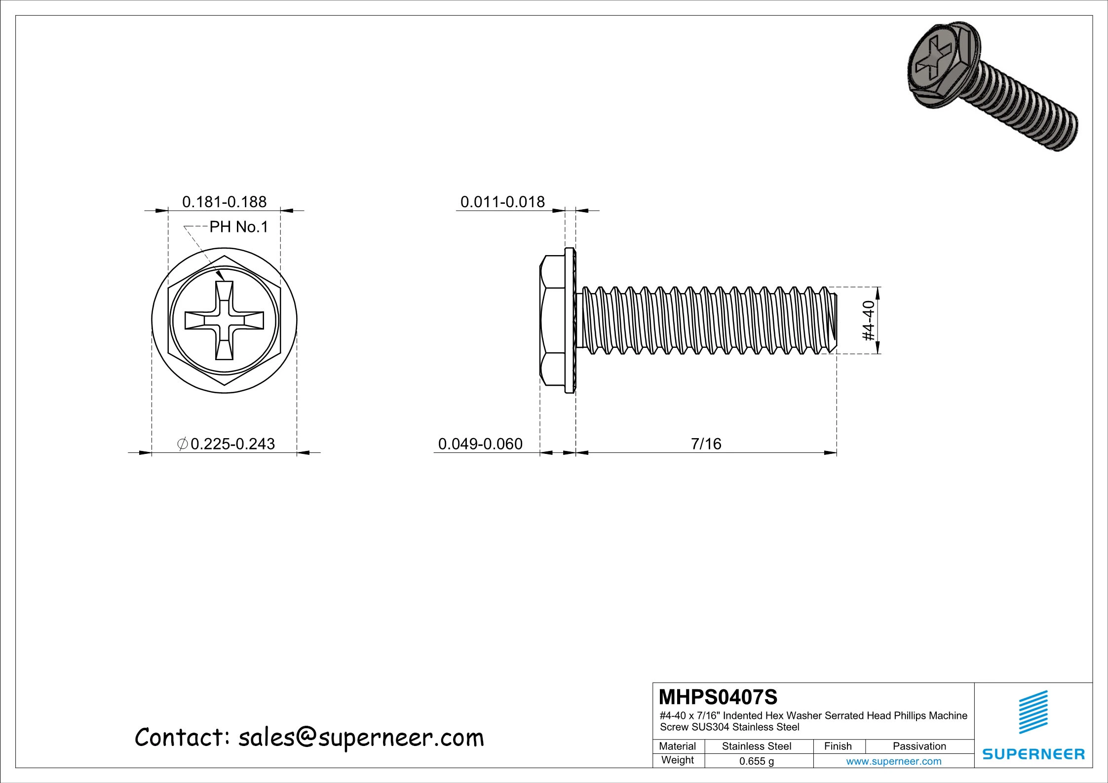 4-40 x 7/16“ Indented Hex Washer Serrated Head Phillips Machine Screw SUS304 Stainless Steel Inox