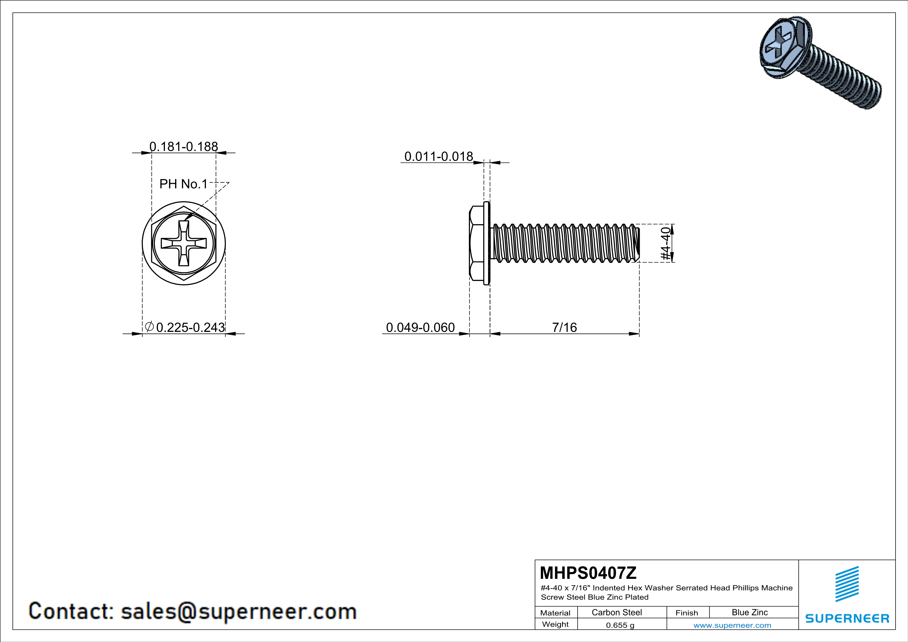 4-40 x 7/16“ Indented Hex Washer Serrated Head Phillips Machine Screw Steel Blue Zinc Plated