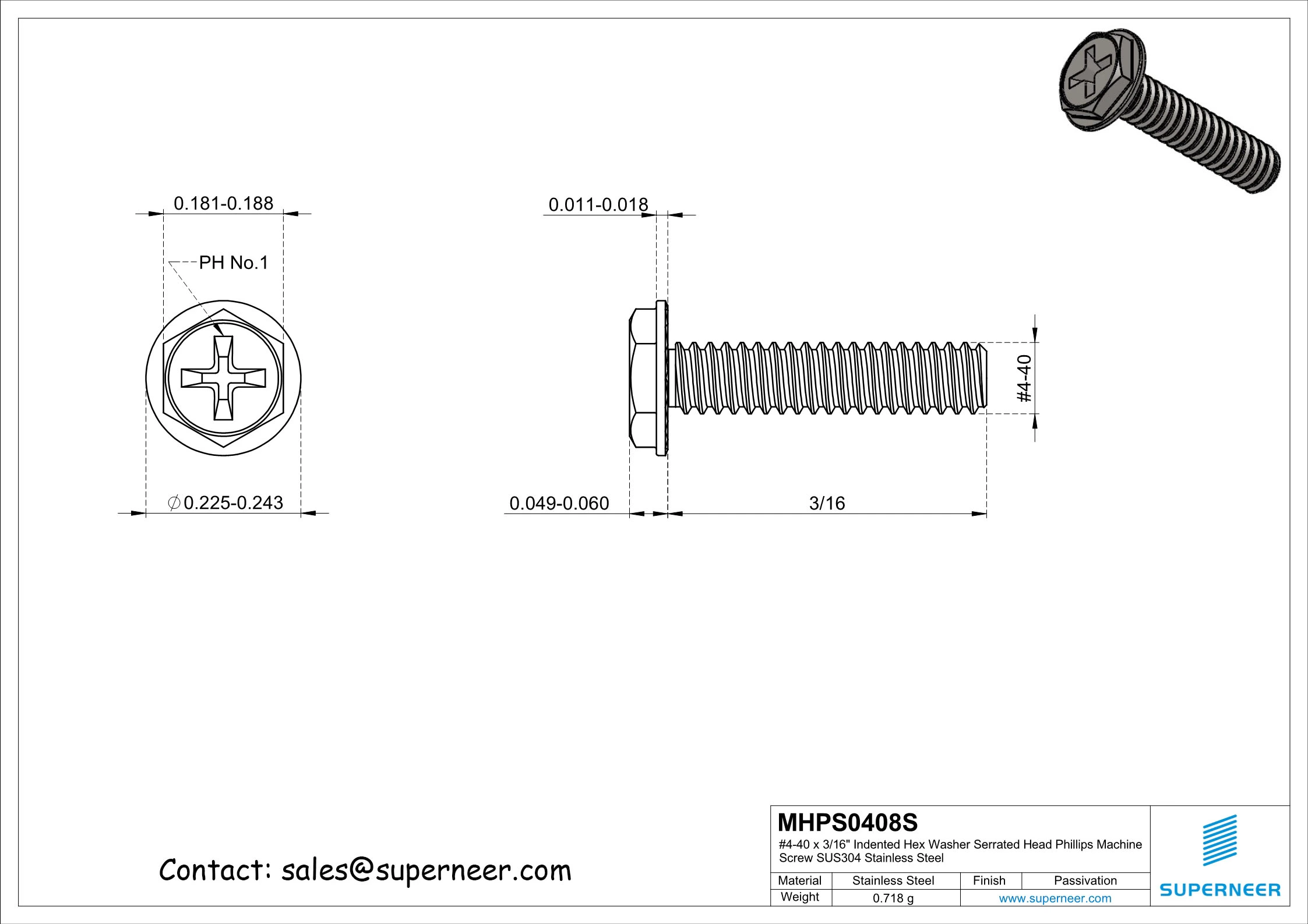 4-40 x 1/2" Indented Hex Washer Serrated Head Phillips Machine Screw SUS304 Stainless Steel Inox