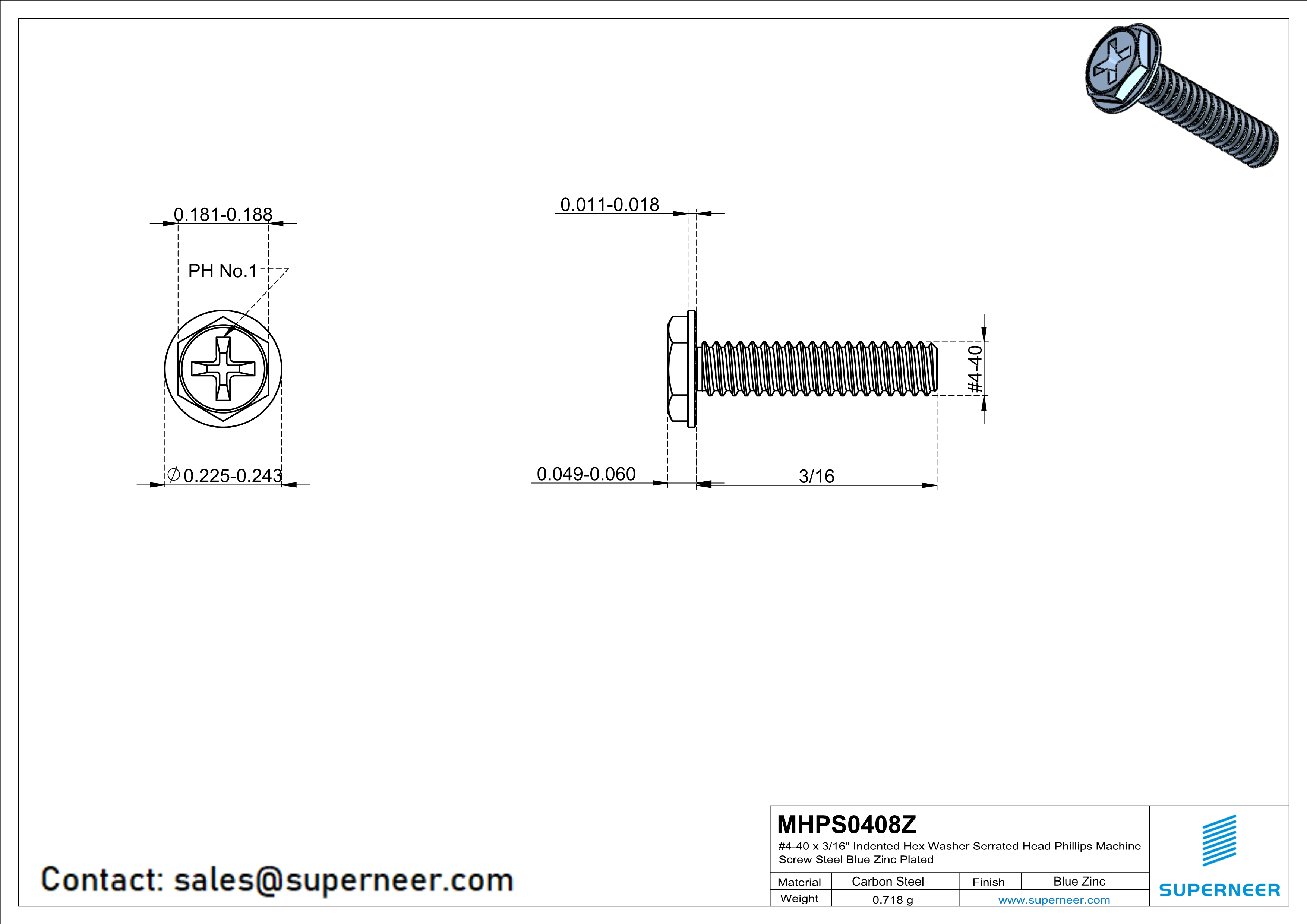 4-40 x 1/2" Indented Hex Washer Serrated Head Phillips Machine Screw Steel Blue Zinc Plated