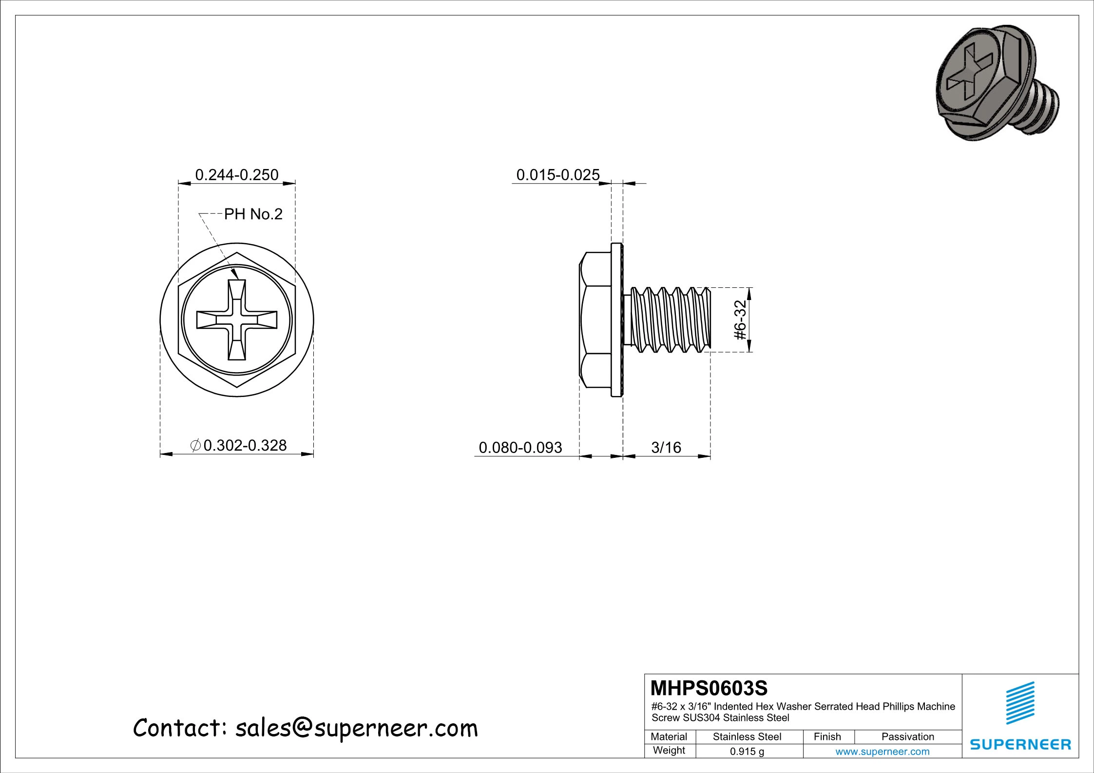 6-32 x 3/16" Indented Hex Washer Serrated Head Phillips Machine Screw SUS304 Stainless Steel Inox