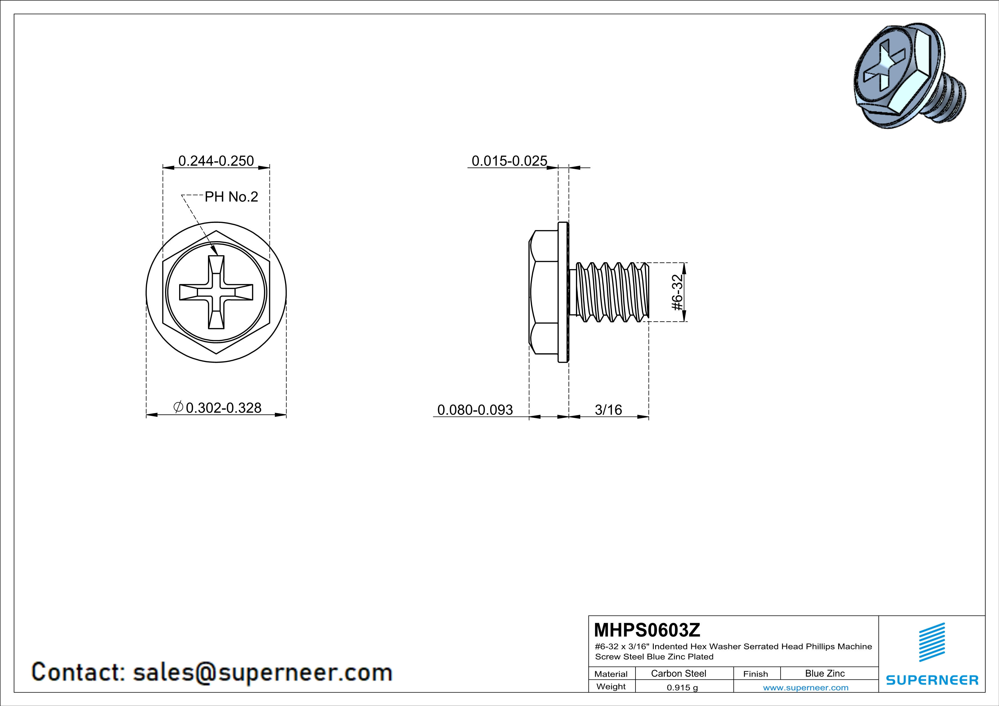 6-32 x 3/16" Indented Hex Washer Serrated Head Phillips Machine Screw Steel Blue Zinc Plated