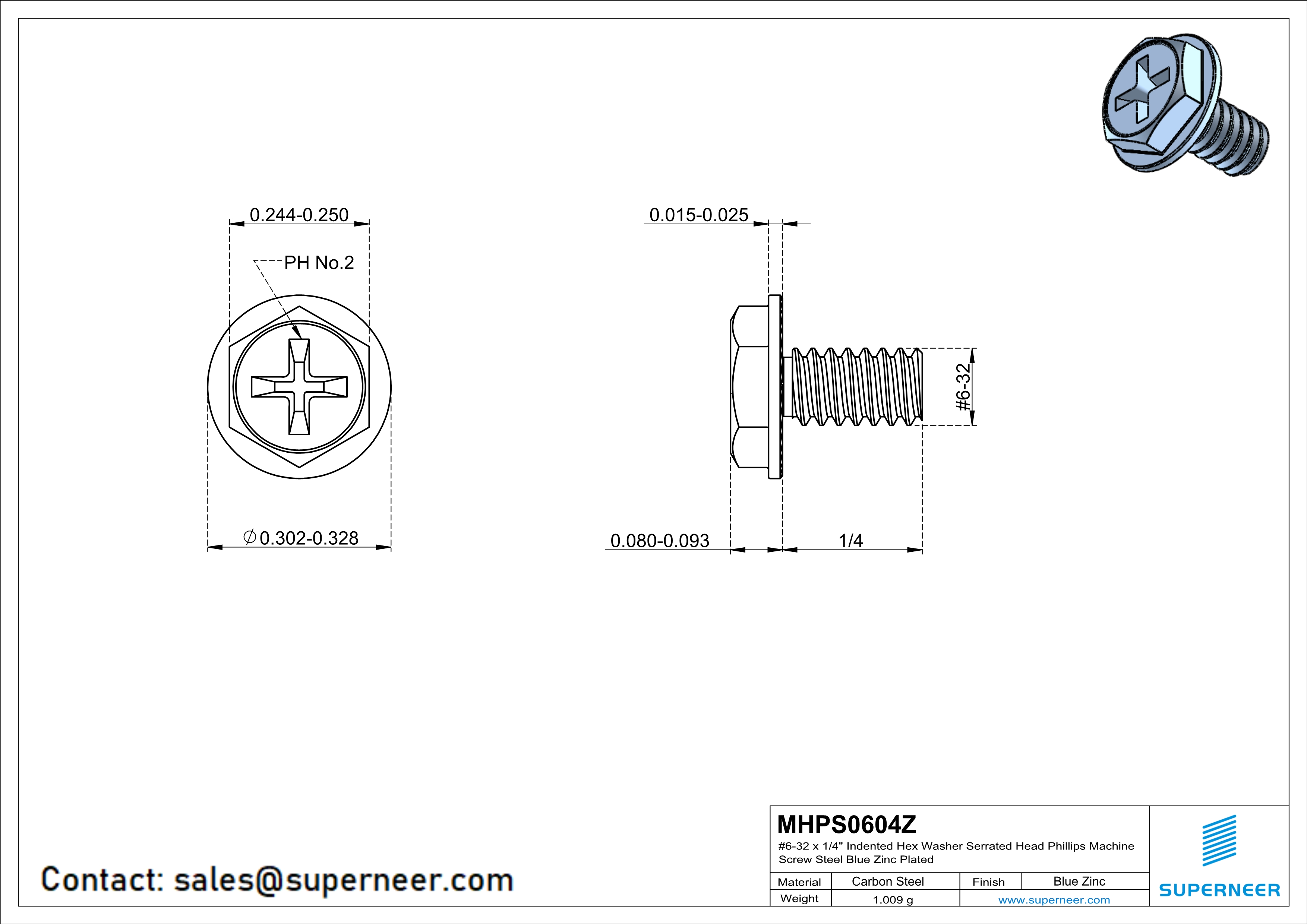 6-32 x 1/4" Indented Hex Washer Serrated Head Phillips Machine Screw Steel Blue Zinc Plated