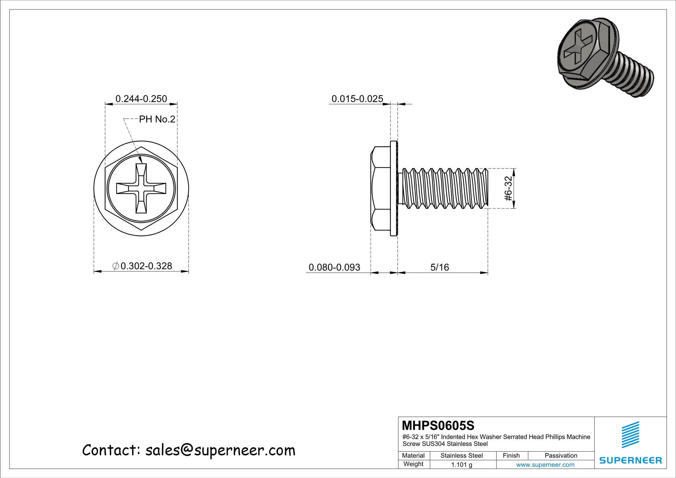 6-32 x 5/16" Indented Hex Washer Serrated Head Phillips Machine Screw SUS304 Stainless Steel Inox