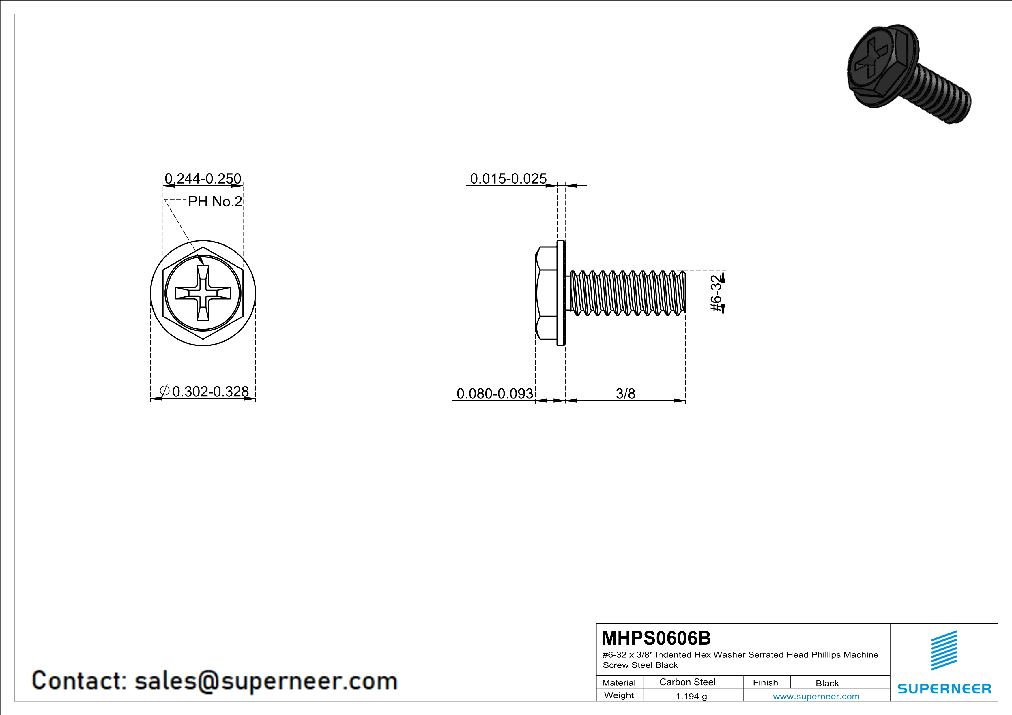 6-32 x 3/8" Indented Hex Washer Serrated Head Phillips Machine Screw Steel Black