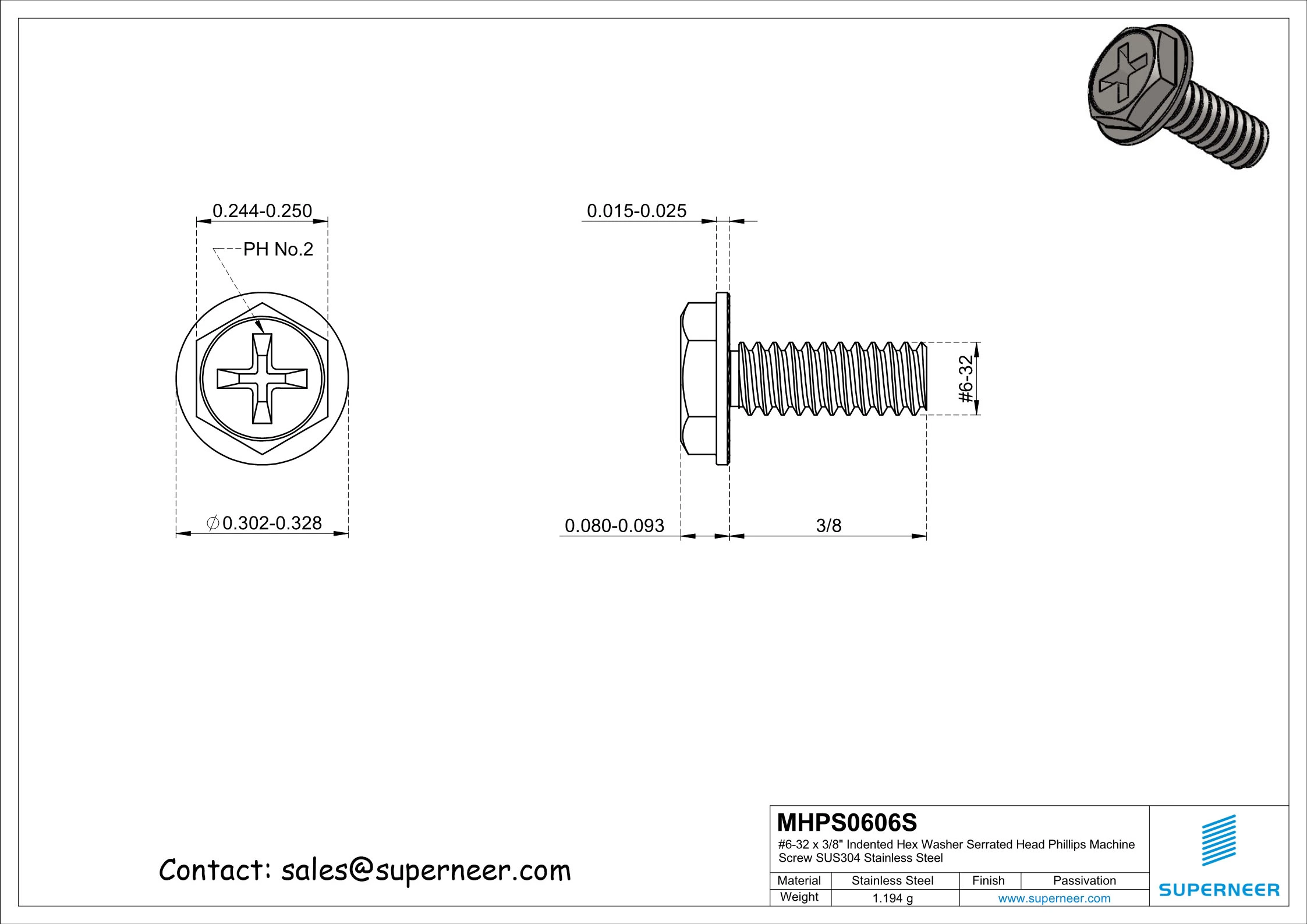 6-32 x 3/8" Indented Hex Washer Serrated Head Phillips Machine Screw SUS304 Stainless Steel Inox