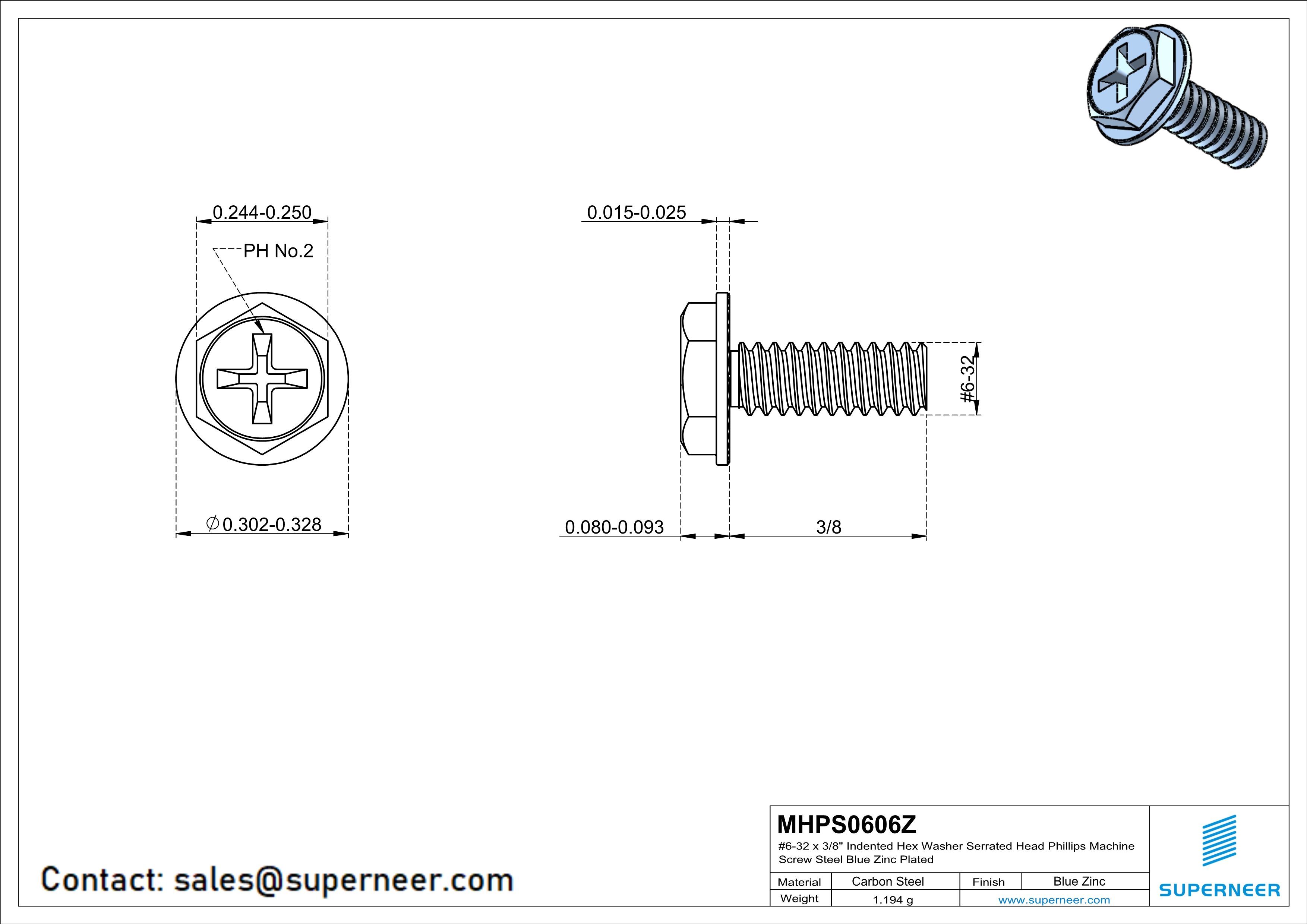 6-32 x 3/8" Indented Hex Washer Serrated Head Phillips Machine Screw Steel Blue Zinc Plated