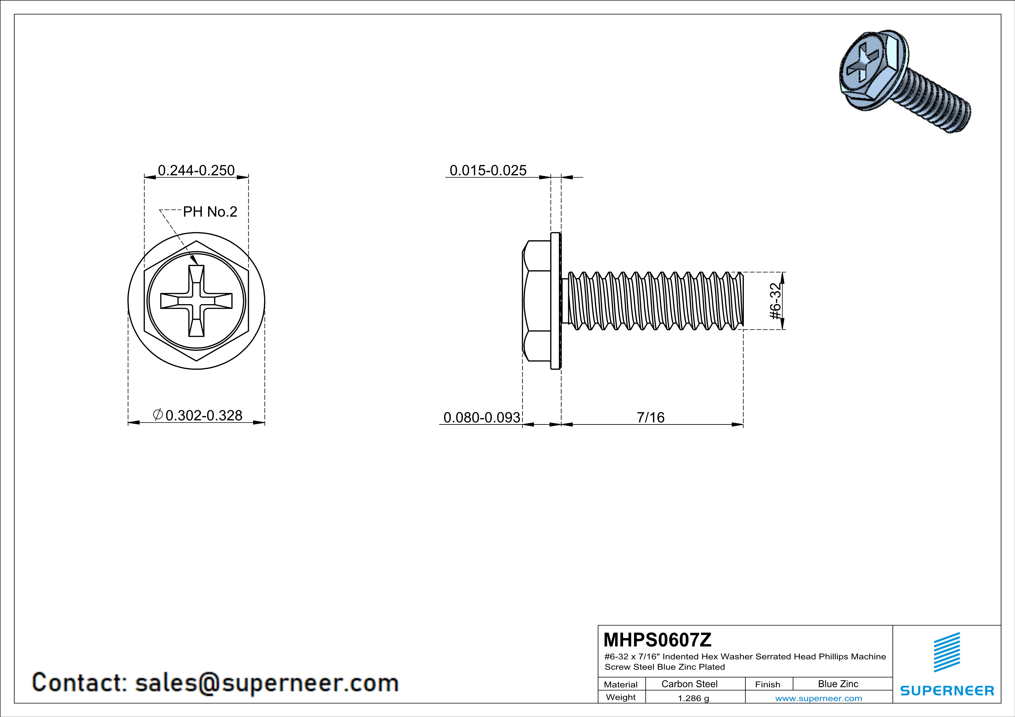 6-32 x 7/16“ Indented Hex Washer Serrated Head Phillips Machine Screw Steel Blue Zinc Plated