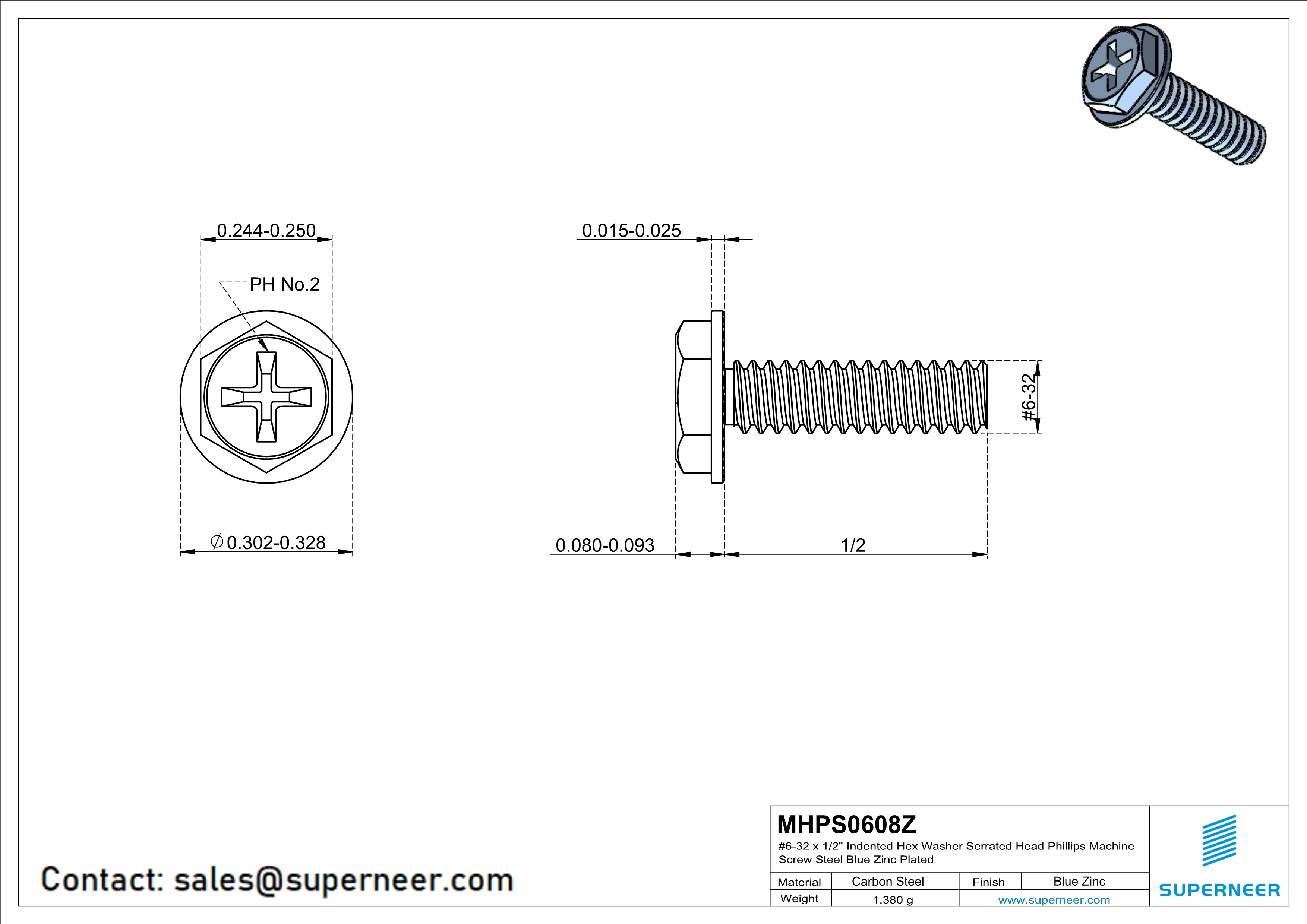 6-32 x 1/2" Indented Hex Washer Serrated Head Phillips Machine Screw Steel Blue Zinc Plated