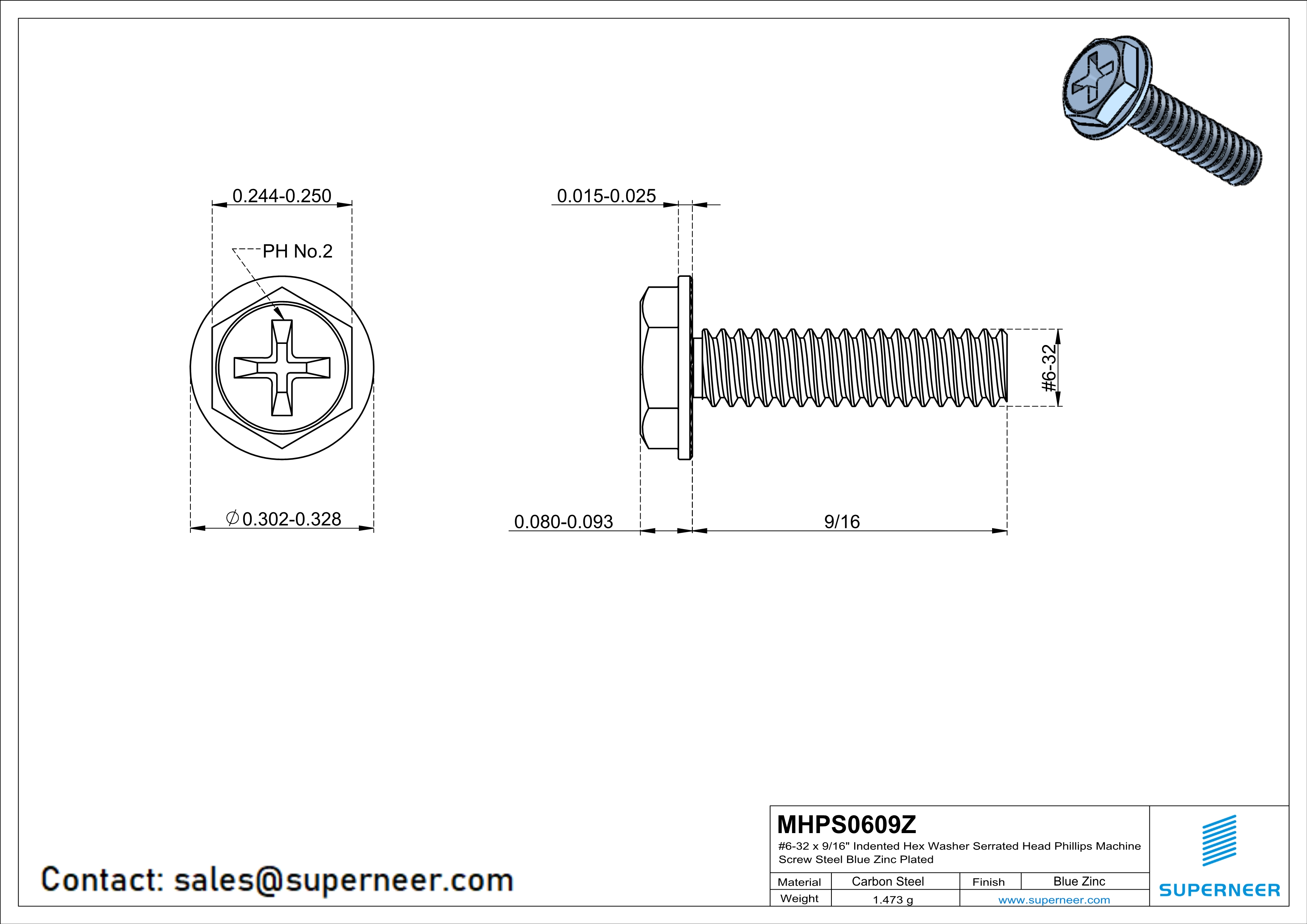 6-32 x 9/16“ Indented Hex Washer Serrated Head Phillips Machine Screw Steel Blue Zinc Plated