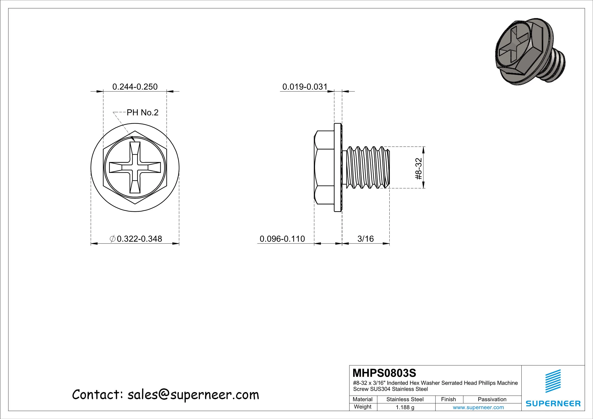 8-32 x 3/16" Indented Hex Washer Serrated Head Phillips Machine Screw SUS304 Stainless Steel Inox