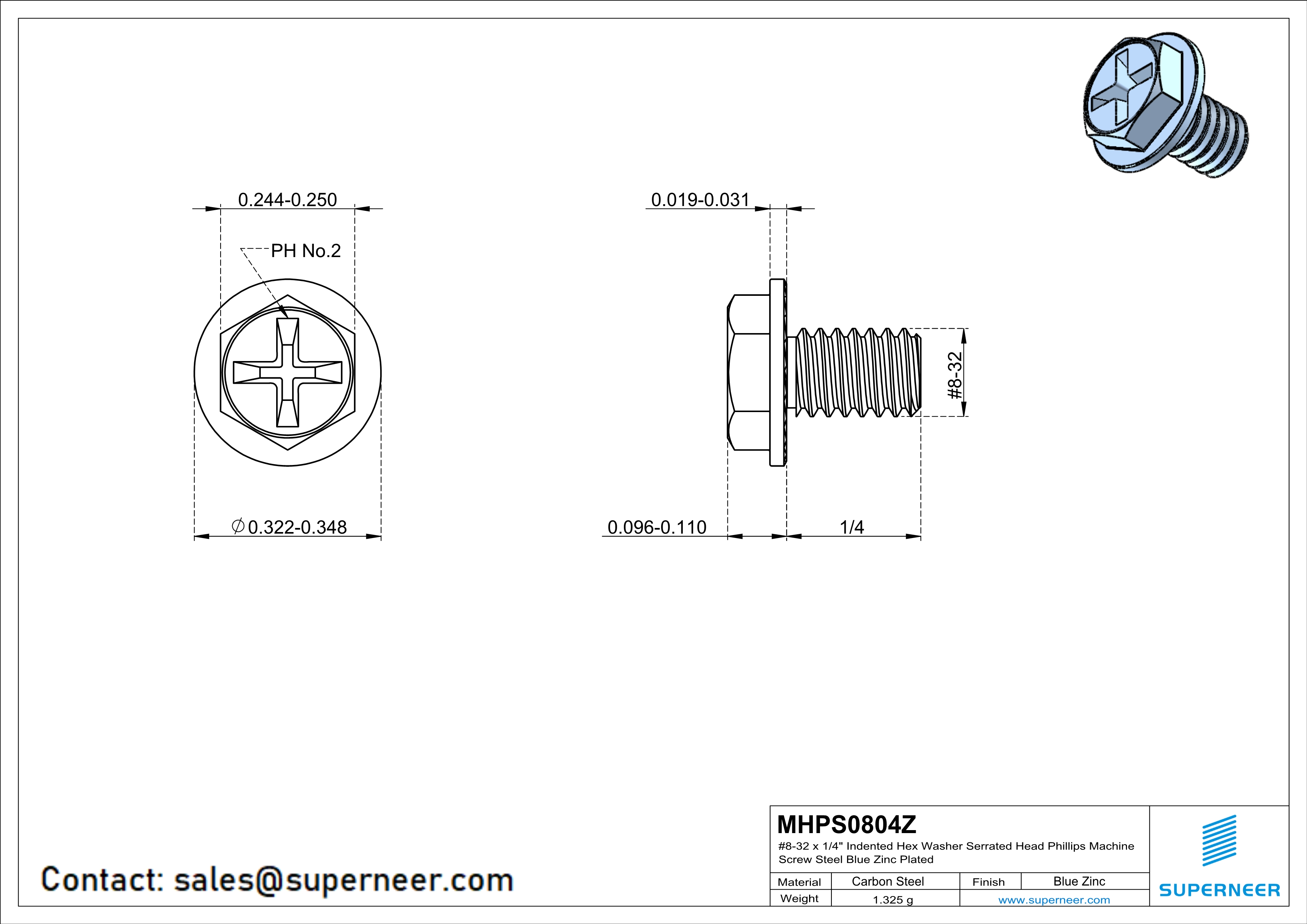 8-32 x 1/4" Indented Hex Washer Serrated Head Phillips Machine Screw Steel Blue Zinc Plated