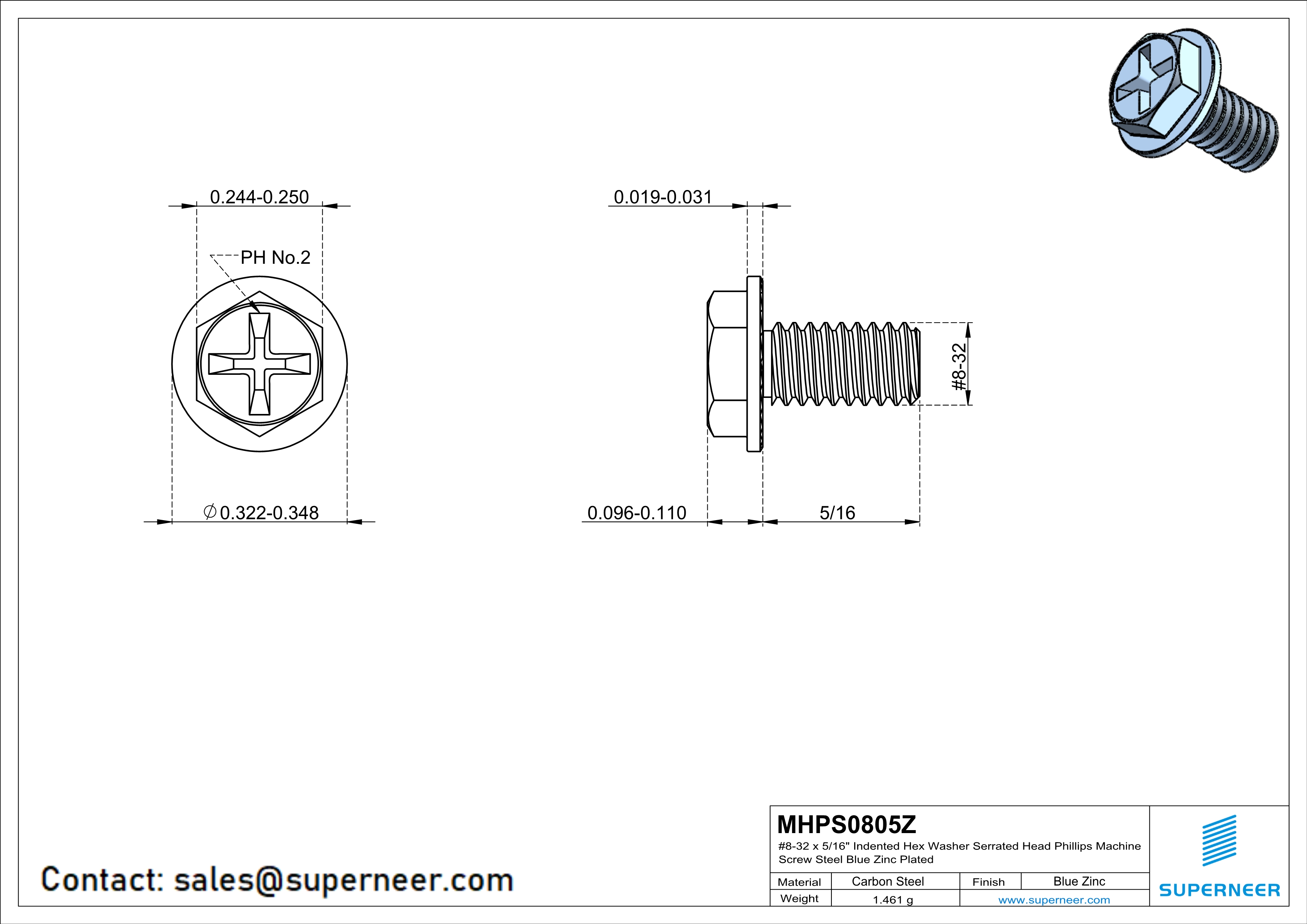 8-32 x 5/16" Indented Hex Washer Serrated Head Phillips Machine Screw Steel Blue Zinc Plated