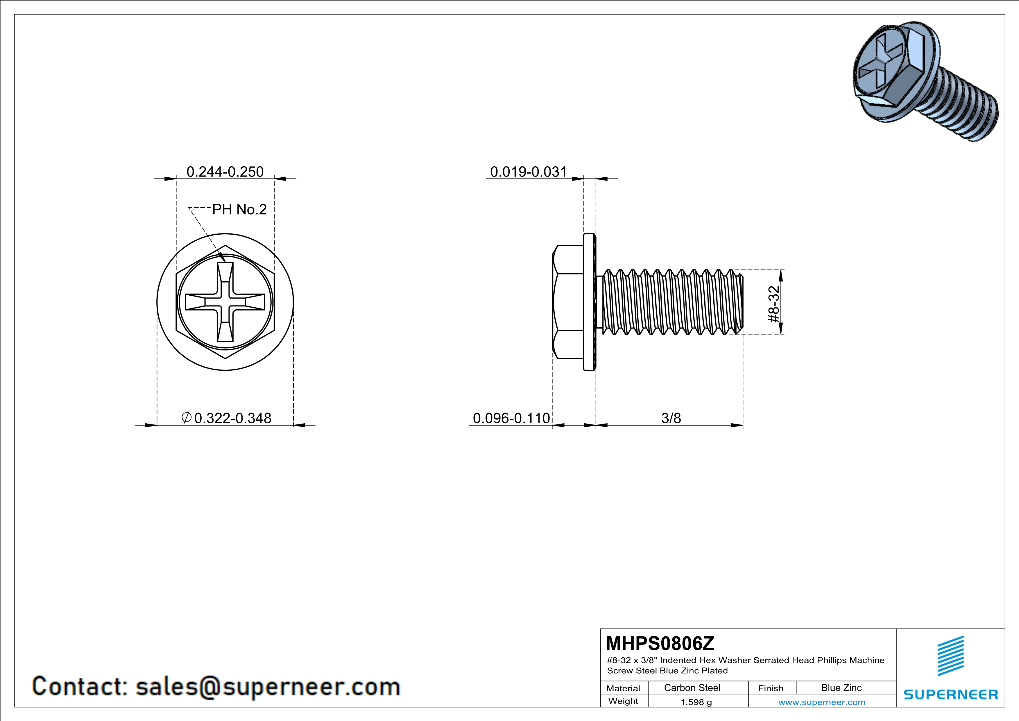 8-32 x 3/8" Indented Hex Washer Serrated Head Phillips Machine Screw Steel Blue Zinc Plated