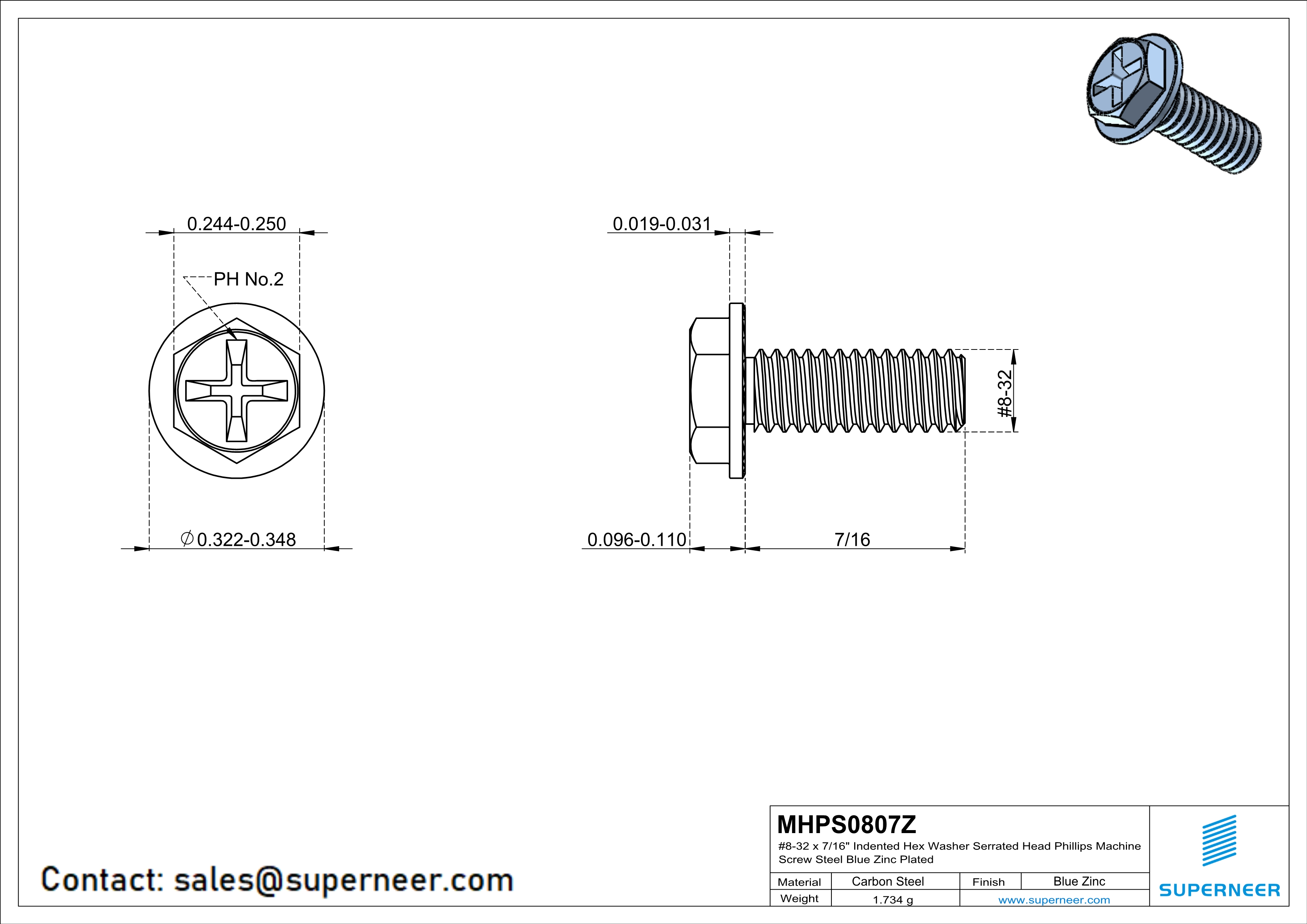 8-32 x 7/16“ Indented Hex Washer Serrated Head Phillips Machine Screw Steel Blue Zinc Plated