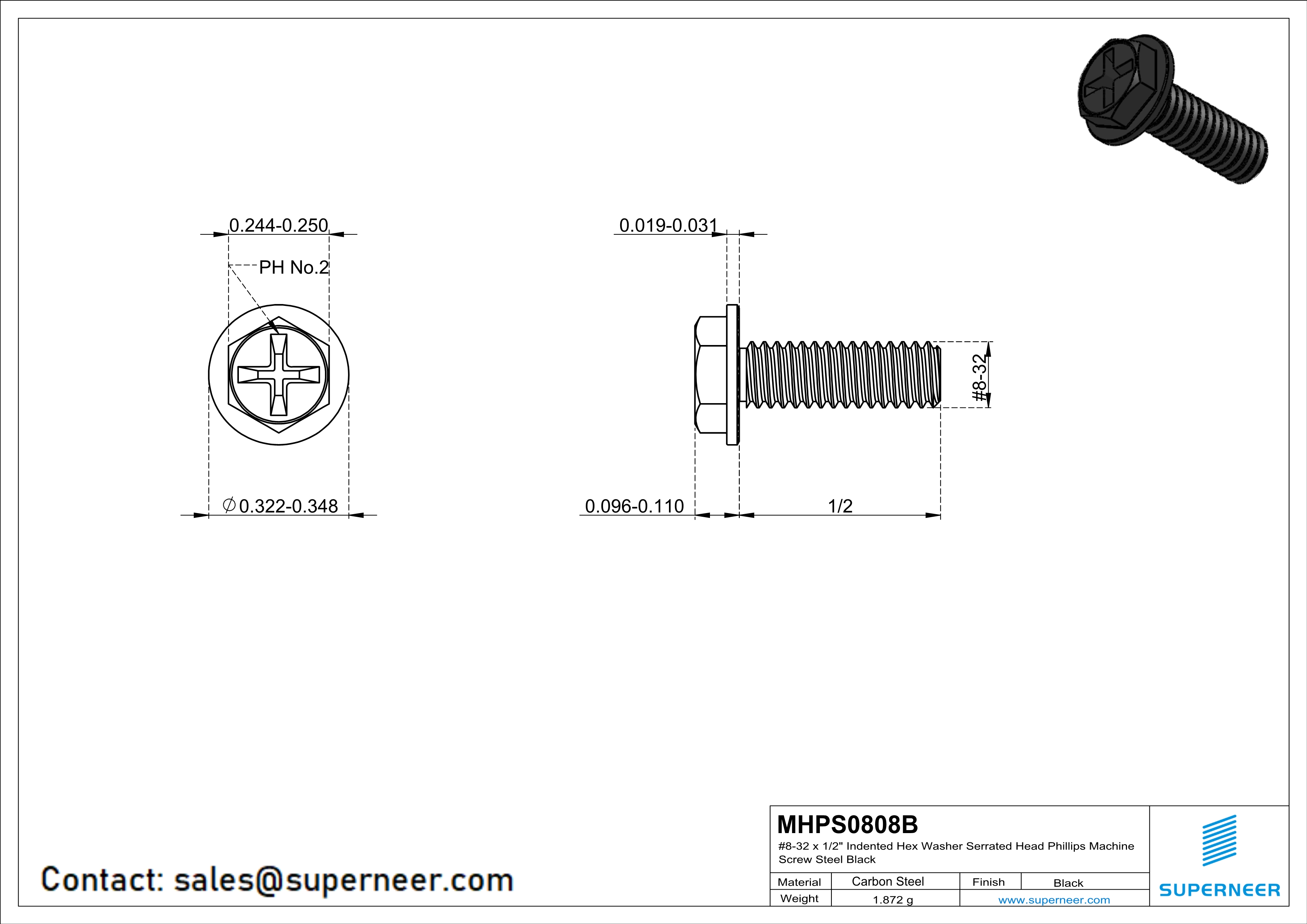 8-32 x 1/2" Indented Hex Washer Serrated Head Phillips Machine Screw Steel Black