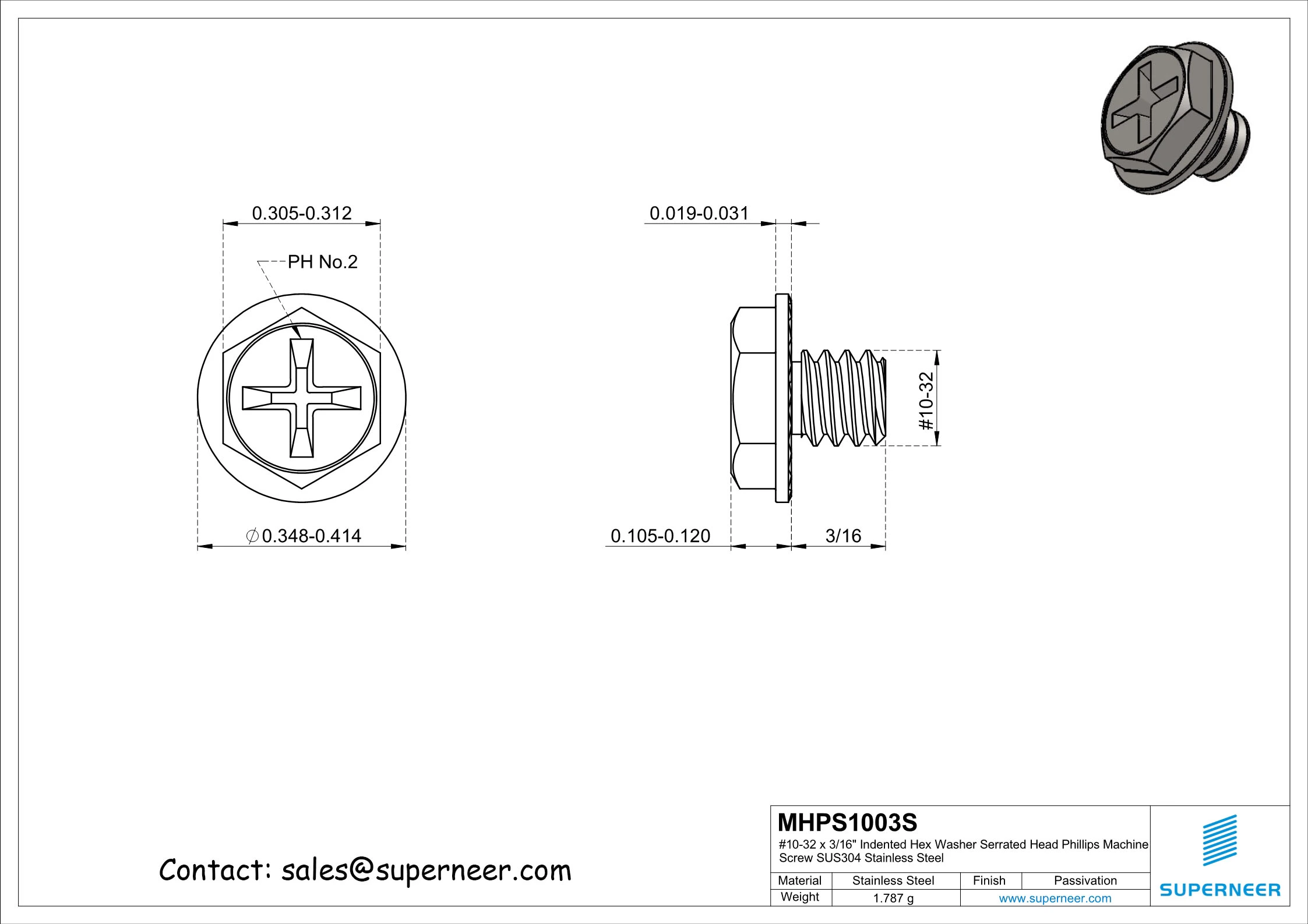 10-32 x 3/16" Indented Hex Washer Serrated Head Phillips Machine Screw SUS304 Stainless Steel Inox