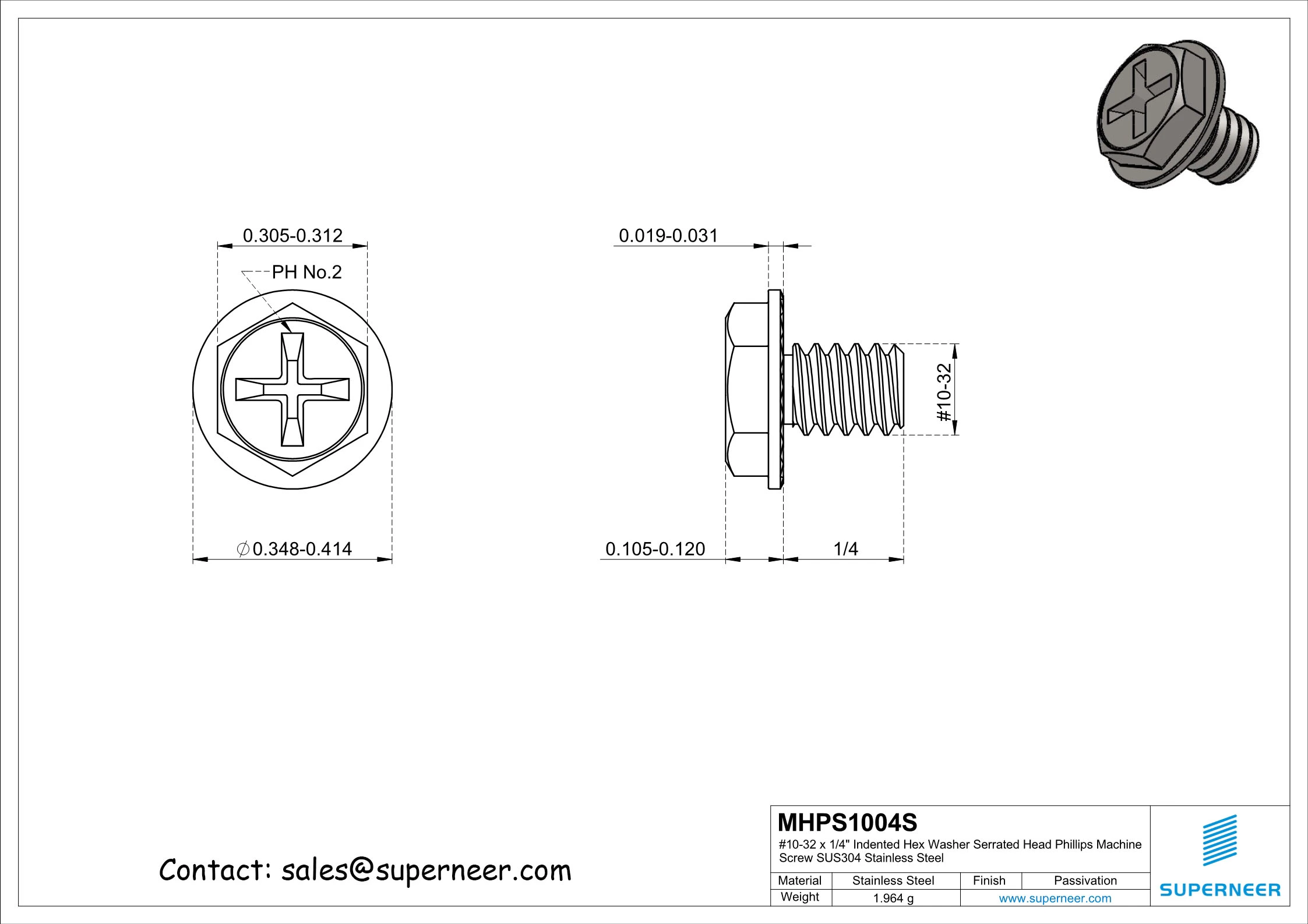 10-32 x 1/4" Indented Hex Washer Serrated Head Phillips Machine Screw SUS304 Stainless Steel Inox
