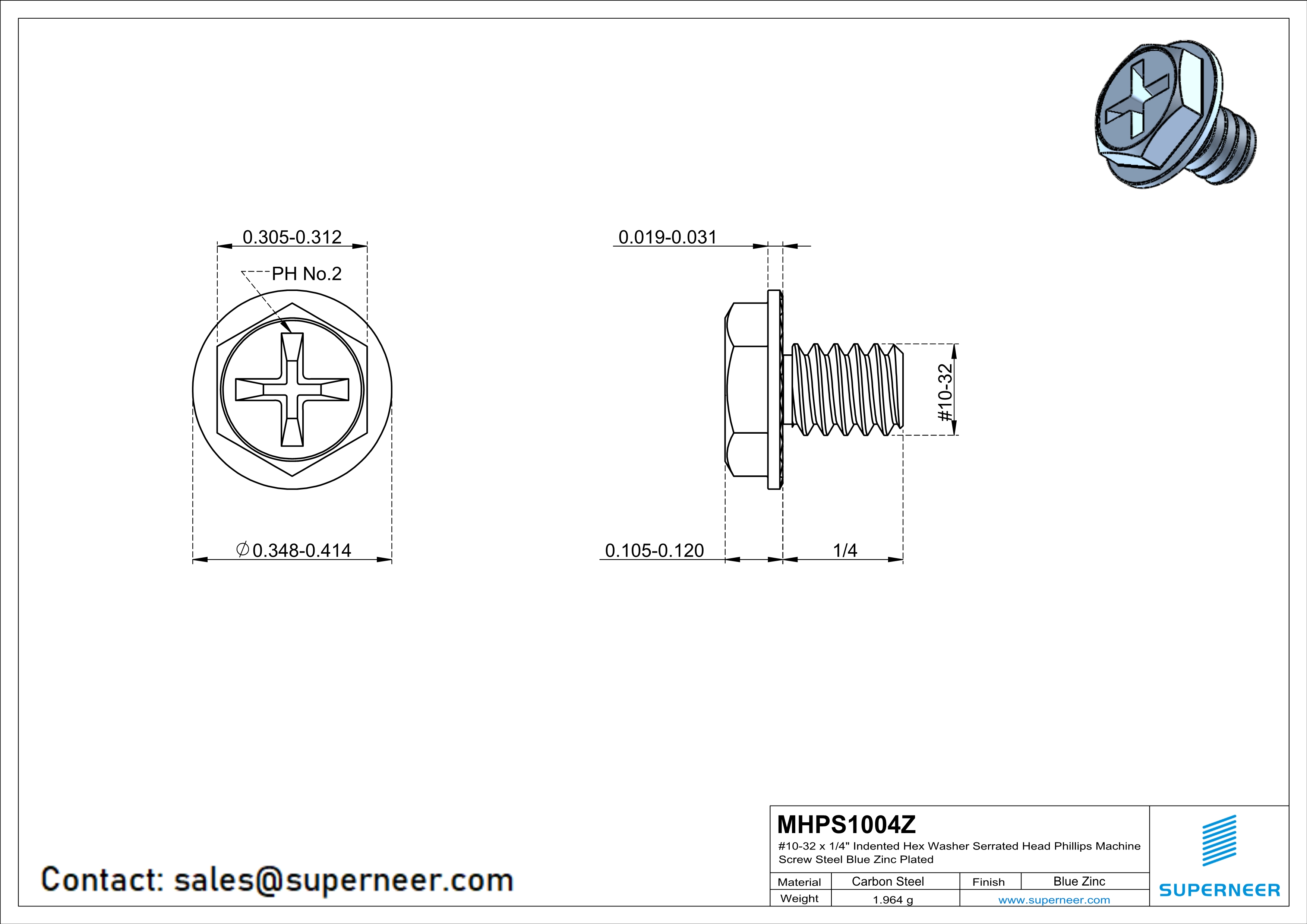 10-32 x 1/4" Indented Hex Washer Serrated Head Phillips Machine Screw Steel Blue Zinc Plated