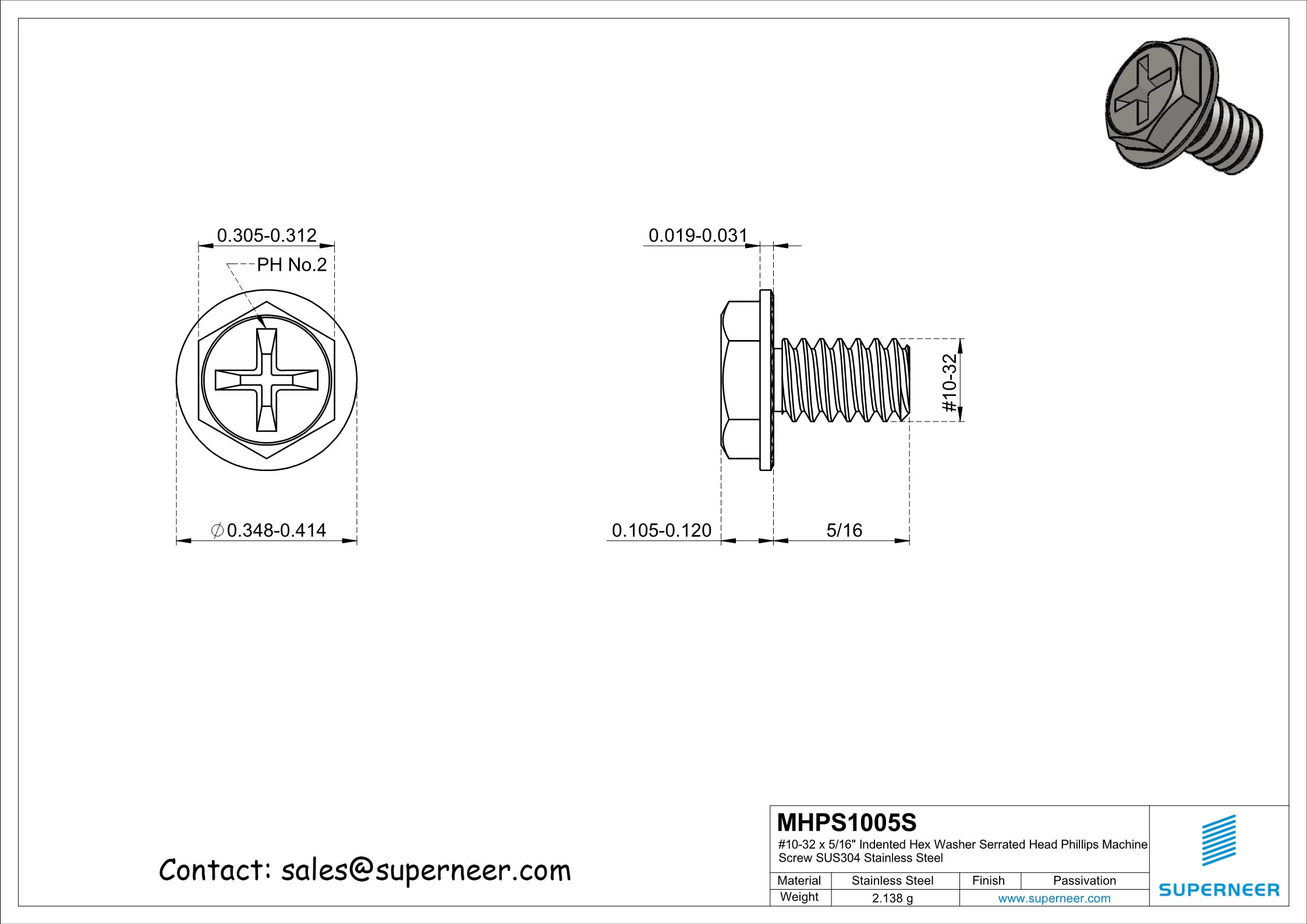 10-32 x 5/16" Indented Hex Washer Serrated Head Phillips Machine Screw SUS304 Stainless Steel Inox