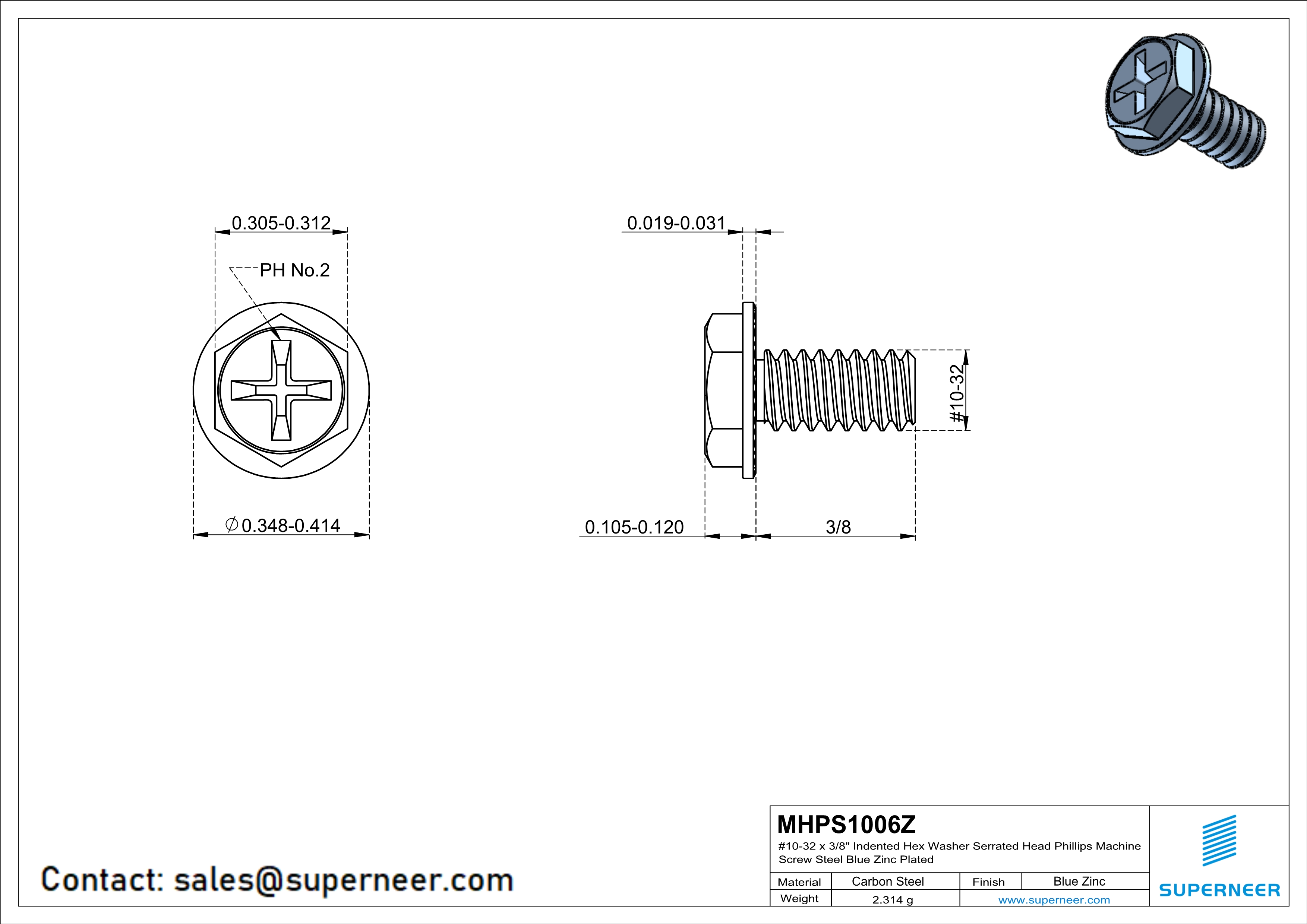 10-32 x 3/8" Indented Hex Washer Serrated Head Phillips Machine Screw Steel Blue Zinc Plated