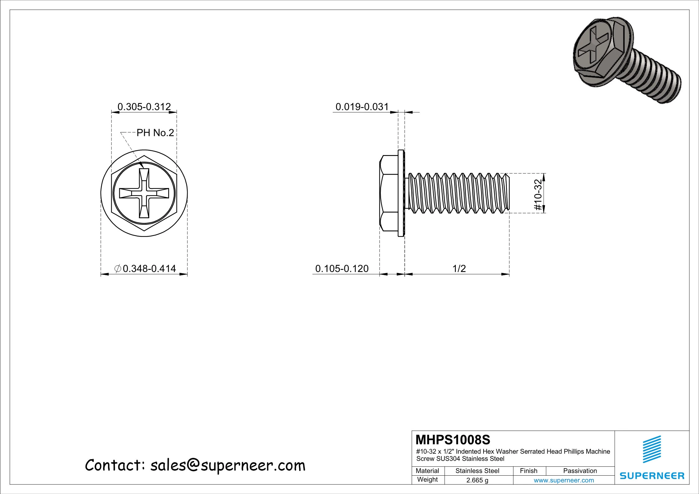 10-32 x 1/2" Indented Hex Washer Serrated Head Phillips Machine Screw SUS304 Stainless Steel Inox