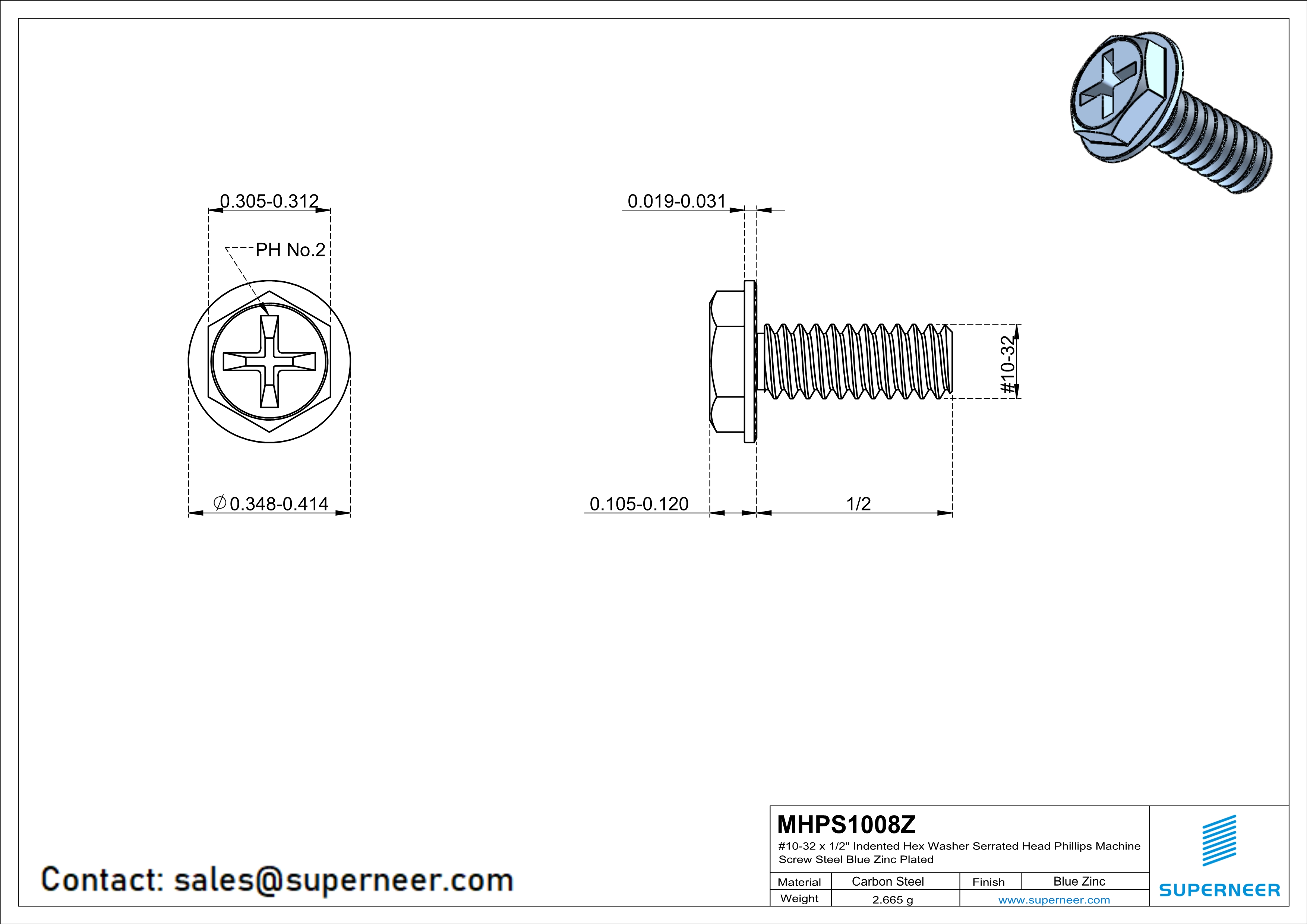 10-32 x 1/2" Indented Hex Washer Serrated Head Phillips Machine Screw Steel Blue Zinc Plated