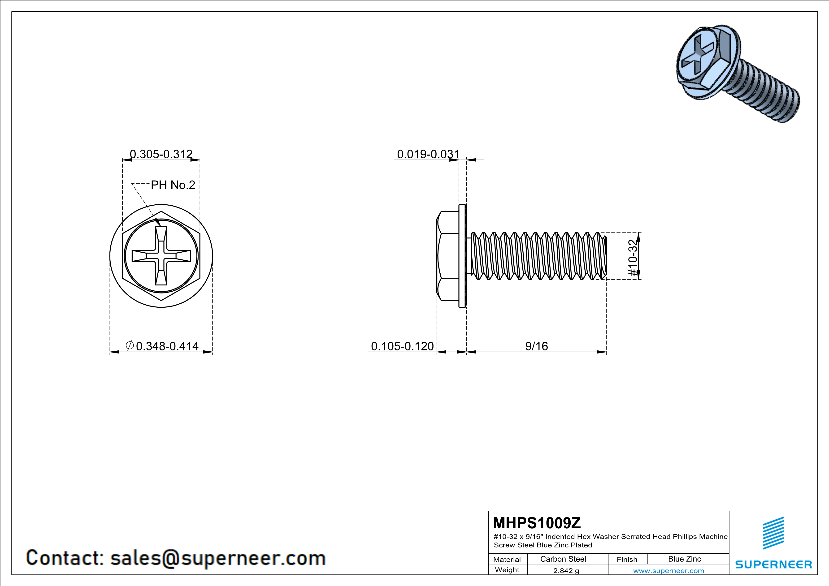 10-32 x 9/16“ Indented Hex Washer Serrated Head Phillips Machine Screw Steel Blue Zinc Plated